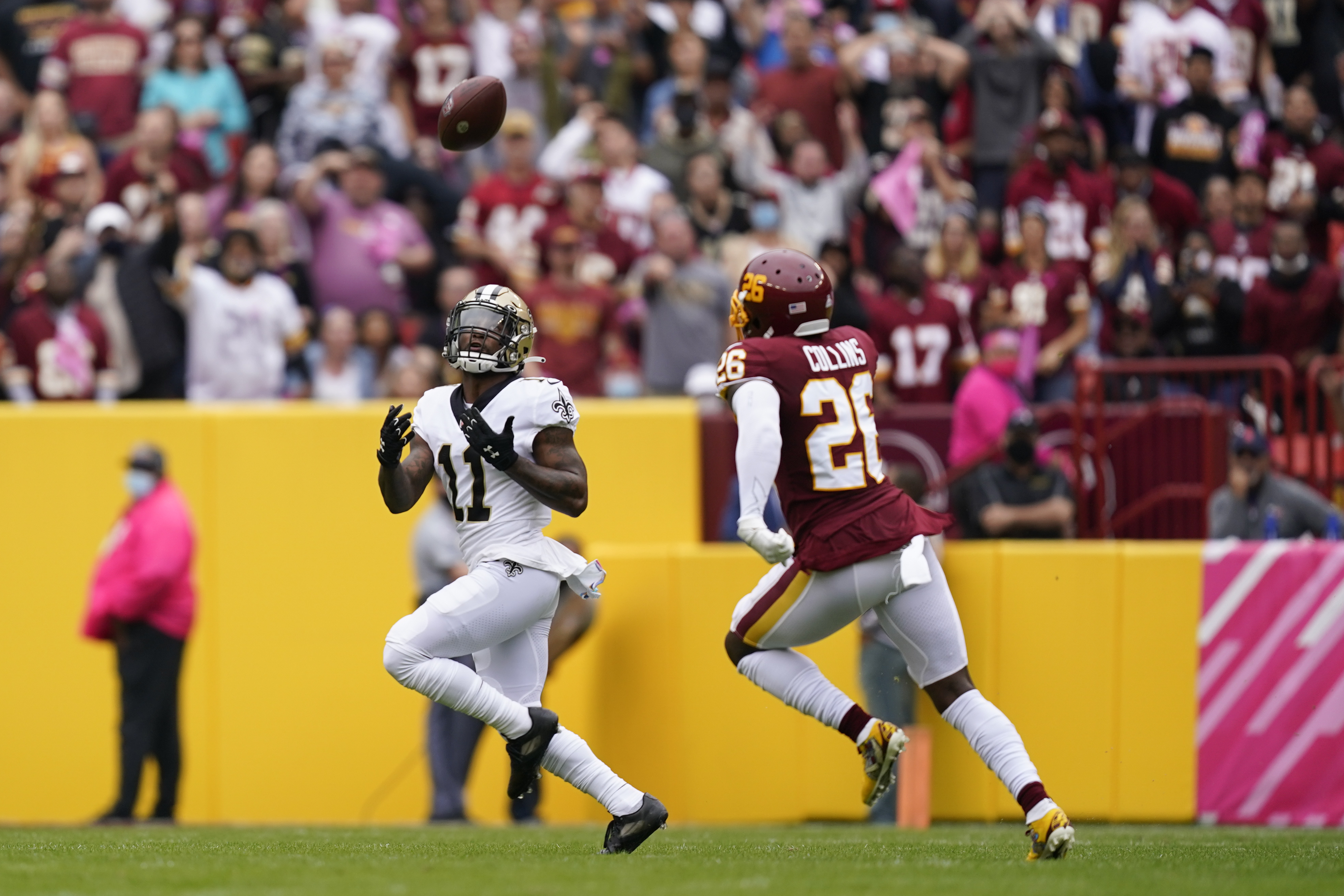 New Orleans Saints wide receiver Deonte Harris (11) returns a kickoff in  the first half of an NFL football game against the Carolina Panthers in New  Orleans, Sunday, Jan. 2, 2022. (AP