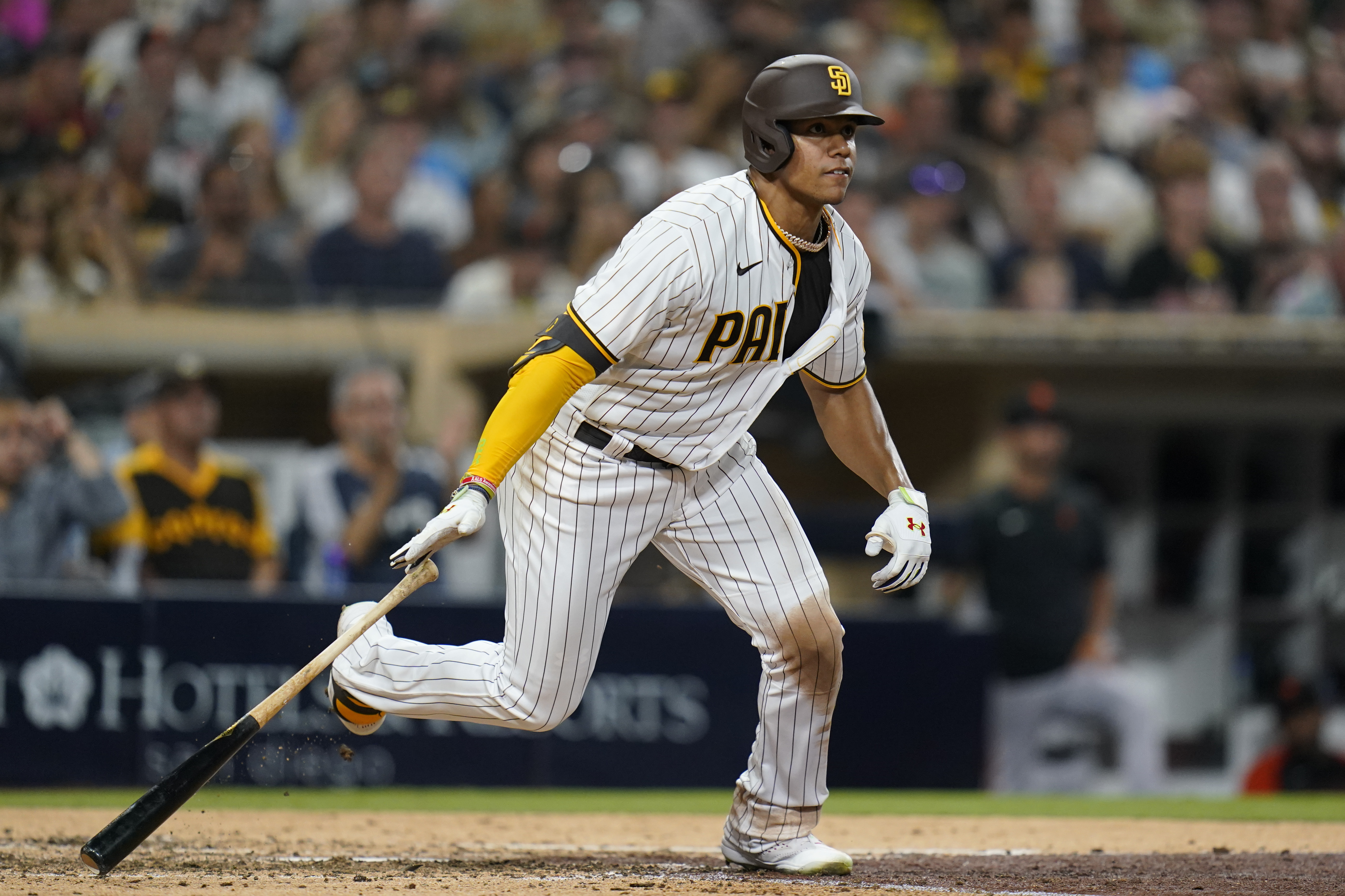 San Diego Padres catcher Jorge Alfaro reacts after striking out