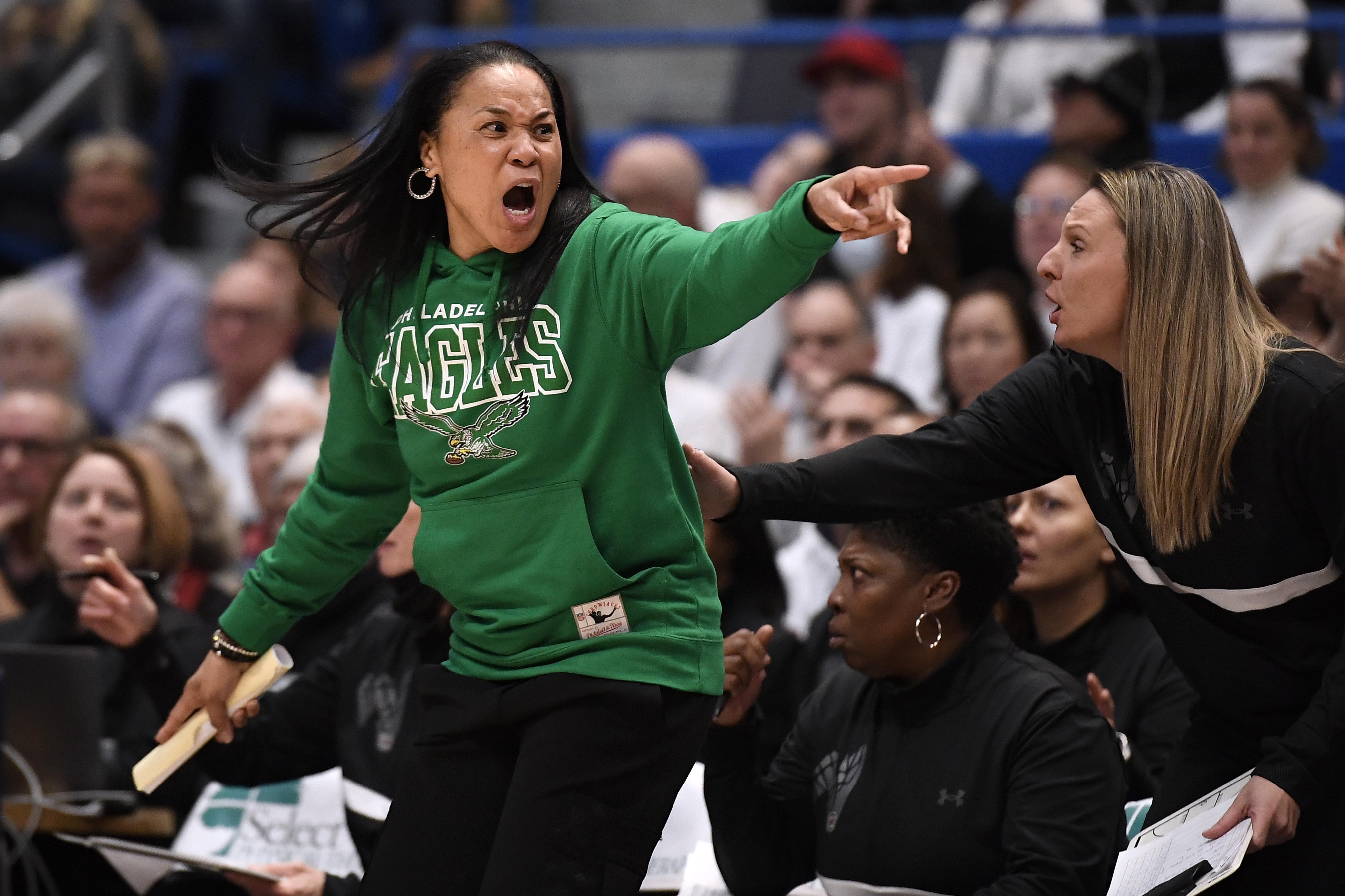 South Carolina head coach Dawn Staley, second from right, with