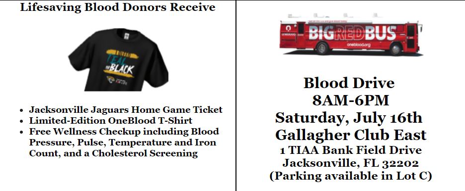 OneBlood on X: Sat. July 14 @Jaguars Touchdown for Life Blood Drive.  Donate and get Preseason Game ticket and T-shirt. Click for info.    / X