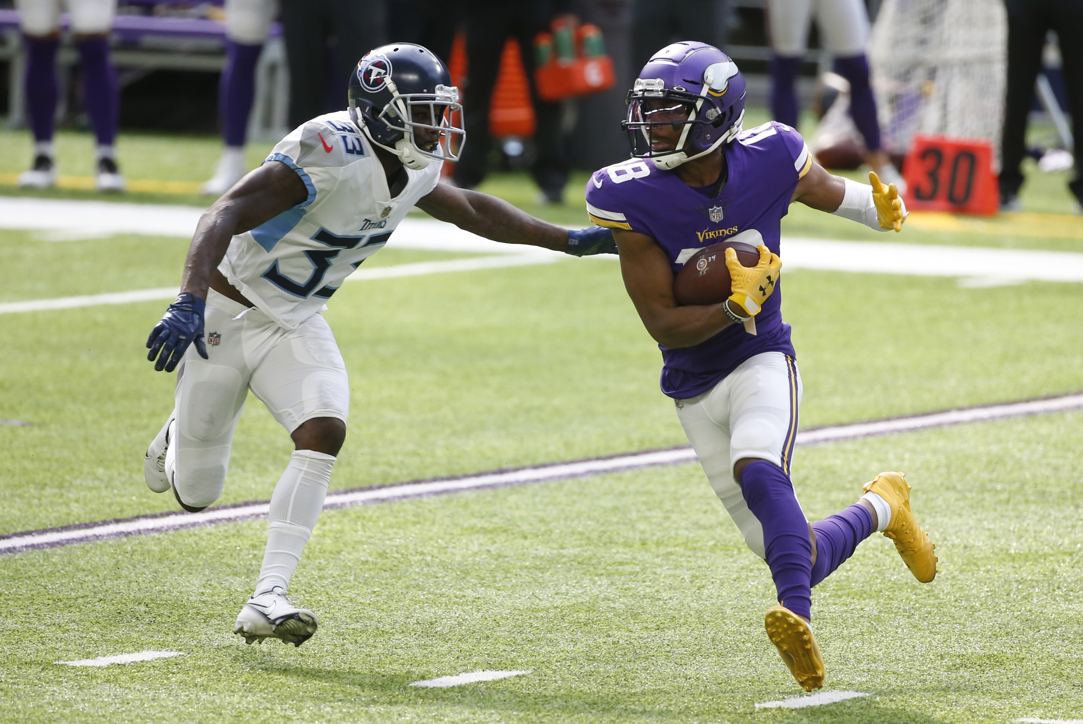 Minnesota Vikings wide receiver Justin Jefferson (18) celebrates after he  scored his first NFL touchdown in the third quarter against the Tennessee  Titans on Sunday, September 27, 2020 at U.S. Bank Stadium