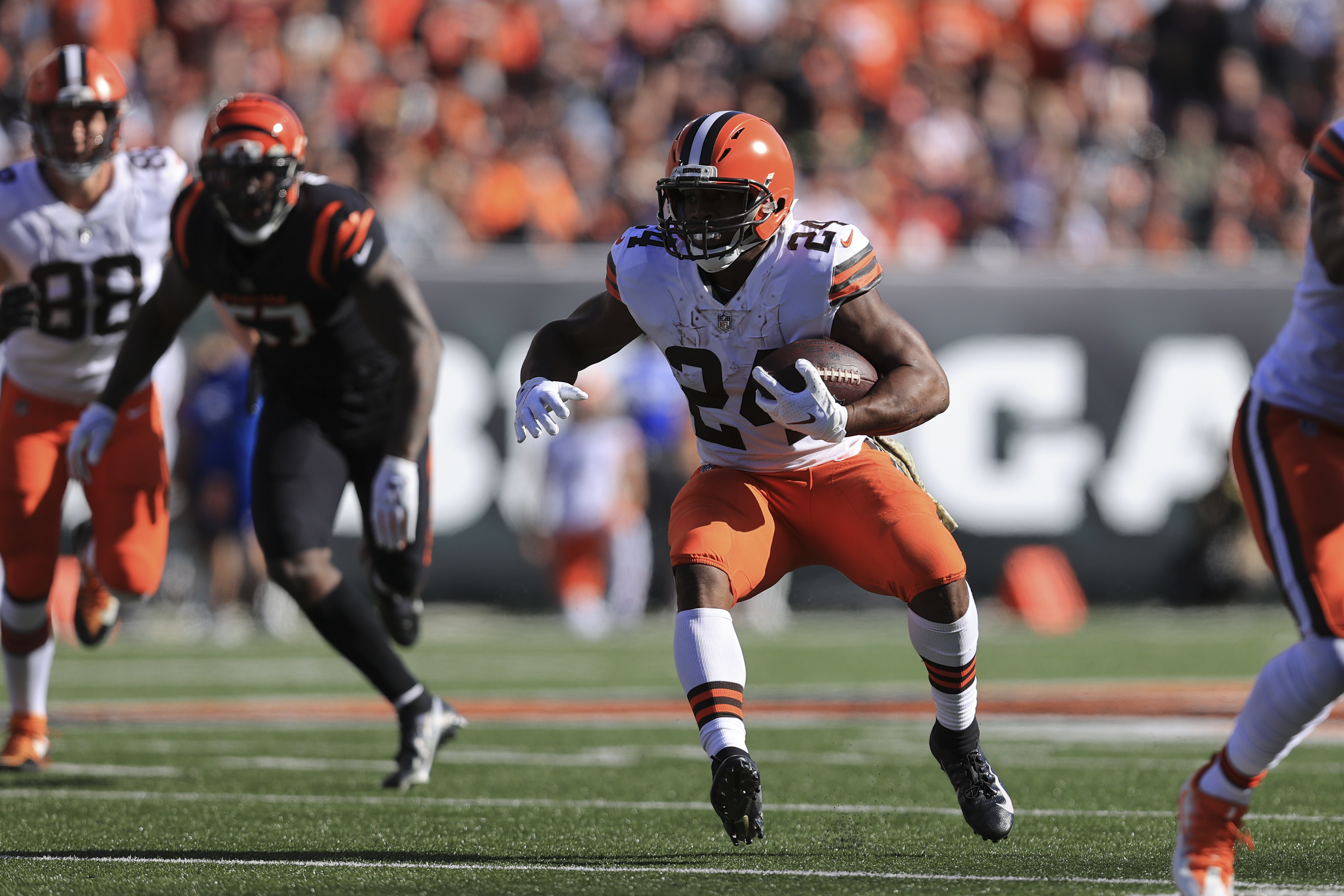 CLEVELAND, OH - OCTOBER 21: Cleveland Browns running back D'Ernest Johnson  (30) runs the football during the fourth quarter of the National Football  League game between the Denver Broncos and Cleveland Browns