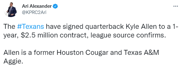 Washington Free Agency: QB Kyle Allen signs with the Houston Texans - Hogs  Haven