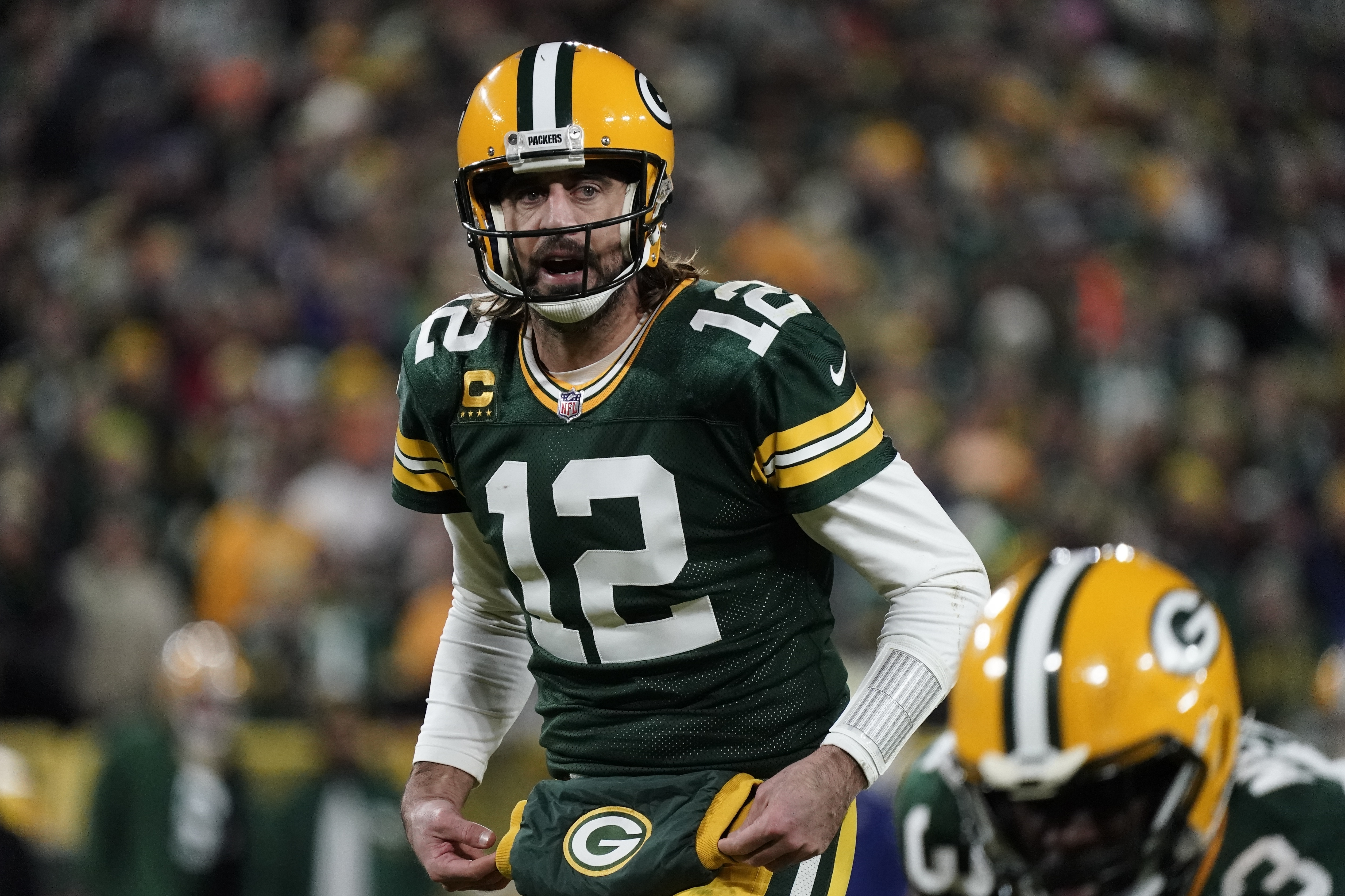 Green Bay Packers' Aaron Jones celebrates his touchdown run during the first  half of an NFL football game against the Chicago Bears Sunday, Sept. 18,  2022, in Green Bay, Wis. (AP Photo/Morry