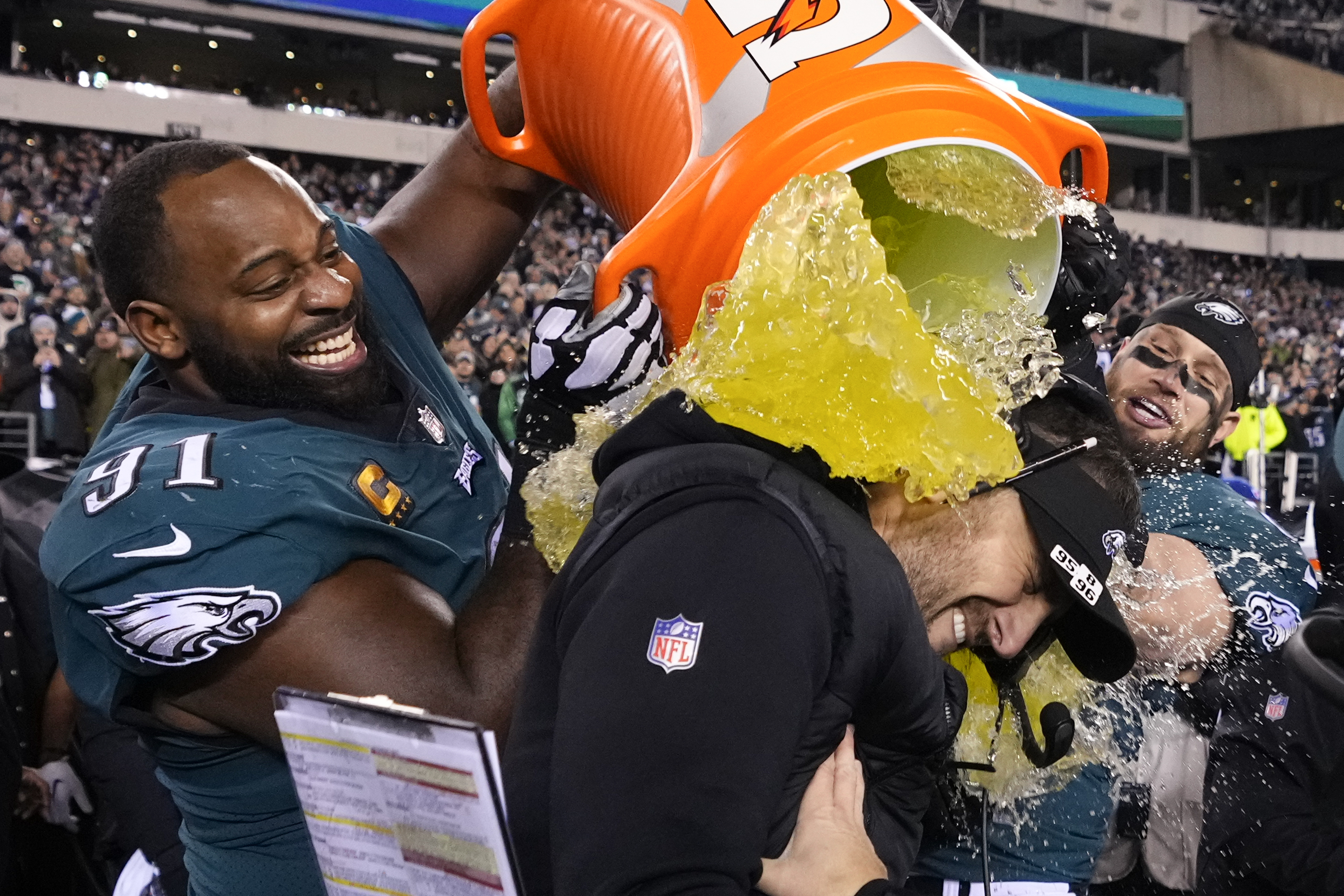 Doug Pederson smiled all the way through his bath in Eagles-green Gatorade  