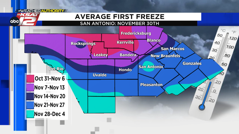 When does San Antonio & the Hill Country see the first freeze of