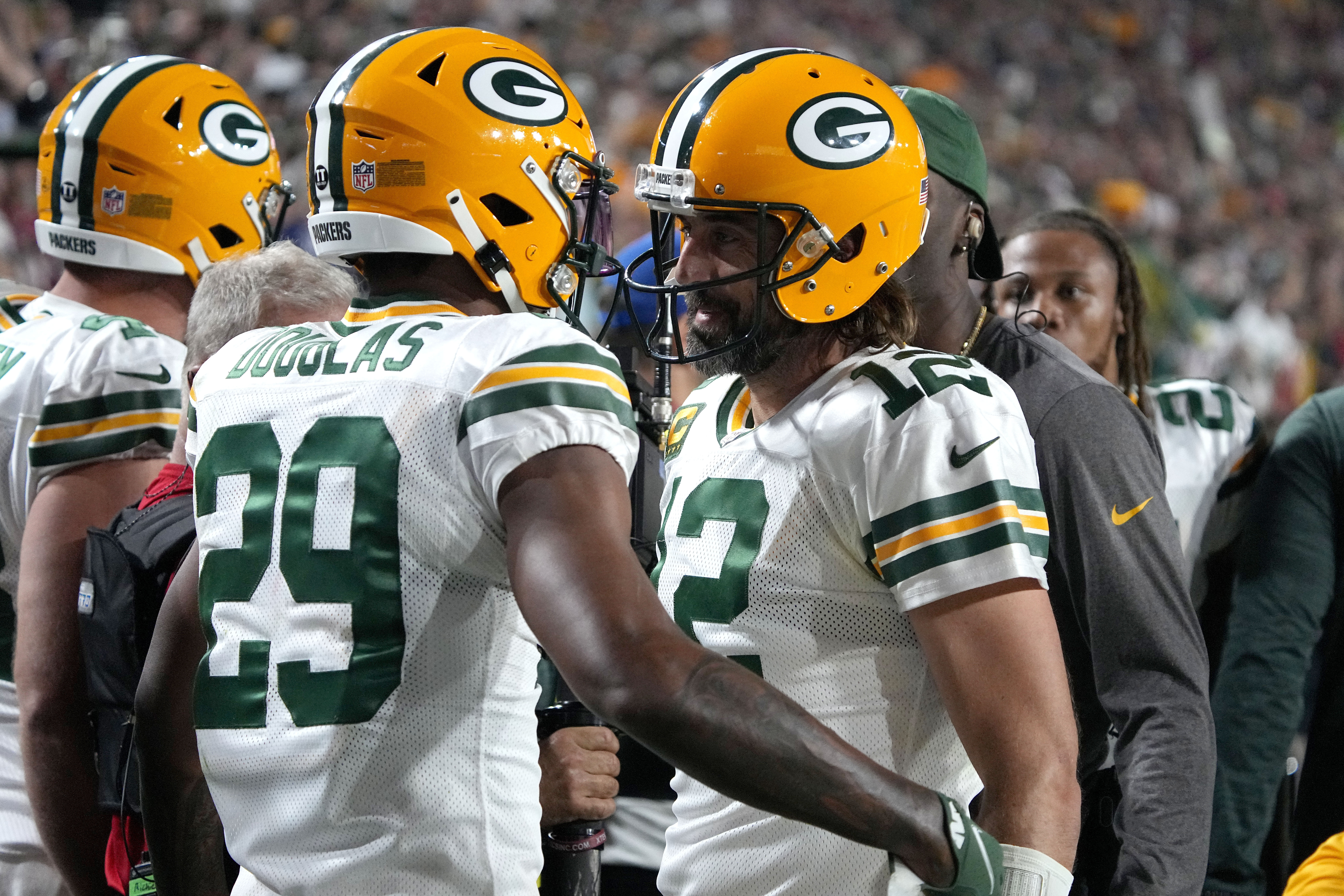 Quarterback (12) Aaron Rogers of the Green Bay Packers drops back to pass  against the Arizona Cardinals in an NFL football game, Thursday, Oct. 28,  2021, in Glendale, Ariz. The Packers won