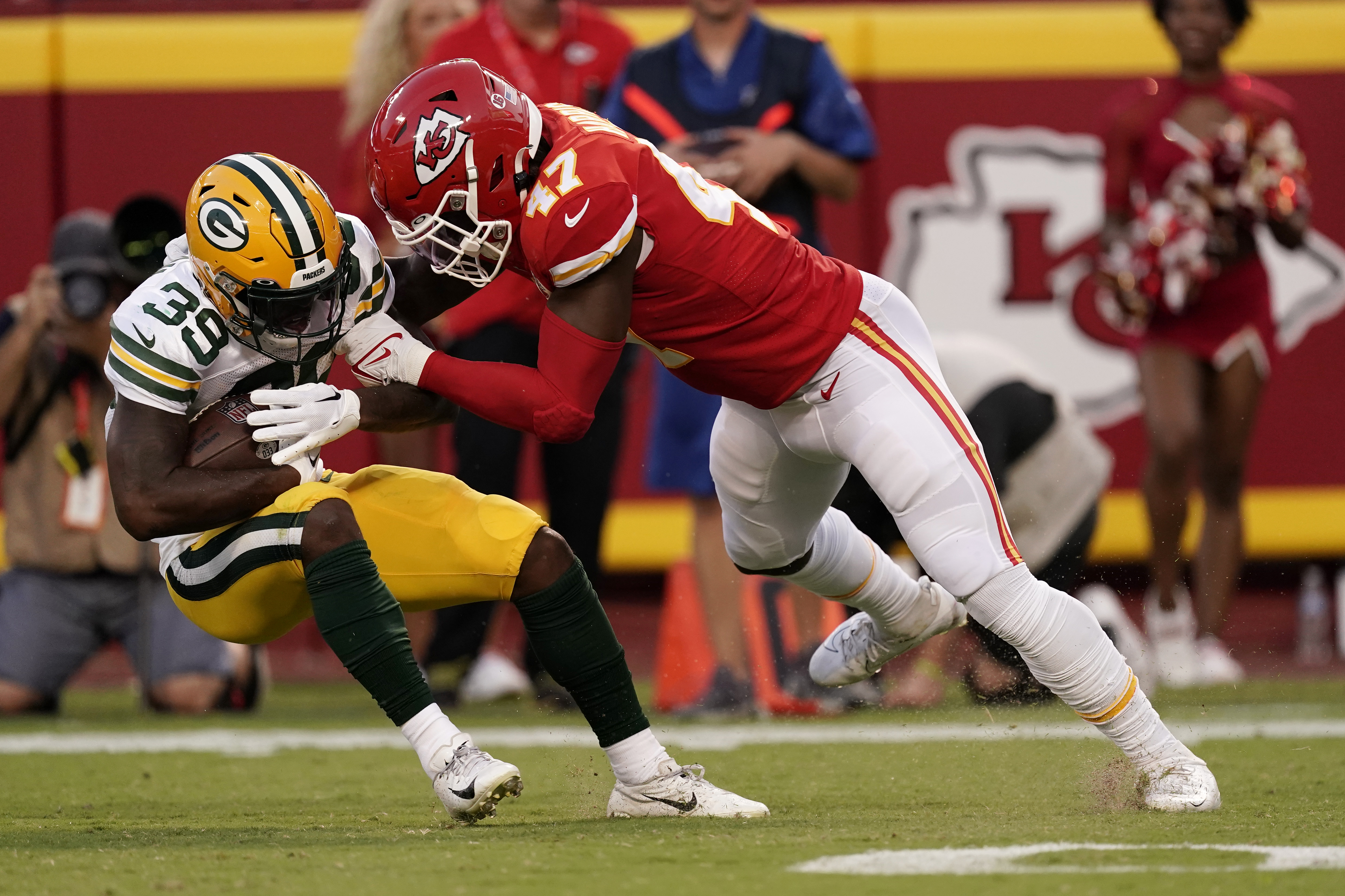 Kansas City Chiefs running back Isiah Pacheco (10) runs with the ball  during an NFL pre-season football game against the Green Bay Packers  Thursday, Aug. 25, 2022, in Kansas City, Mo. (AP