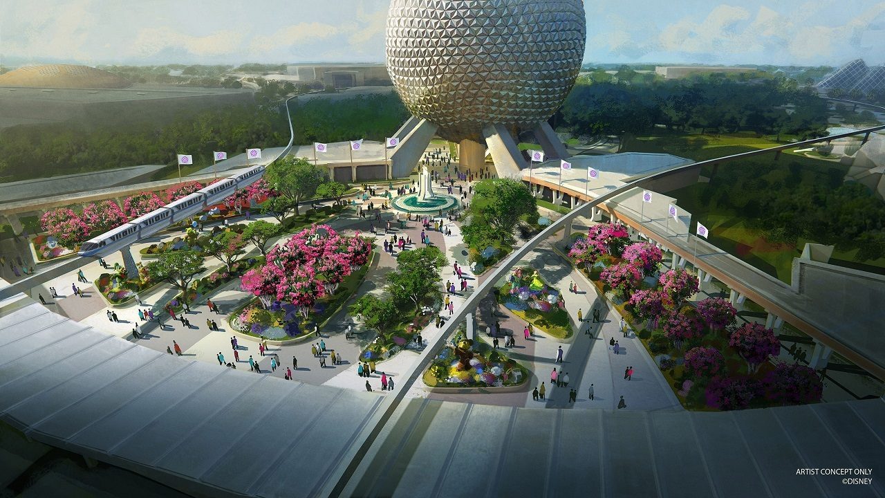 EPCOT icon flags raised in newly designed entrance plaza