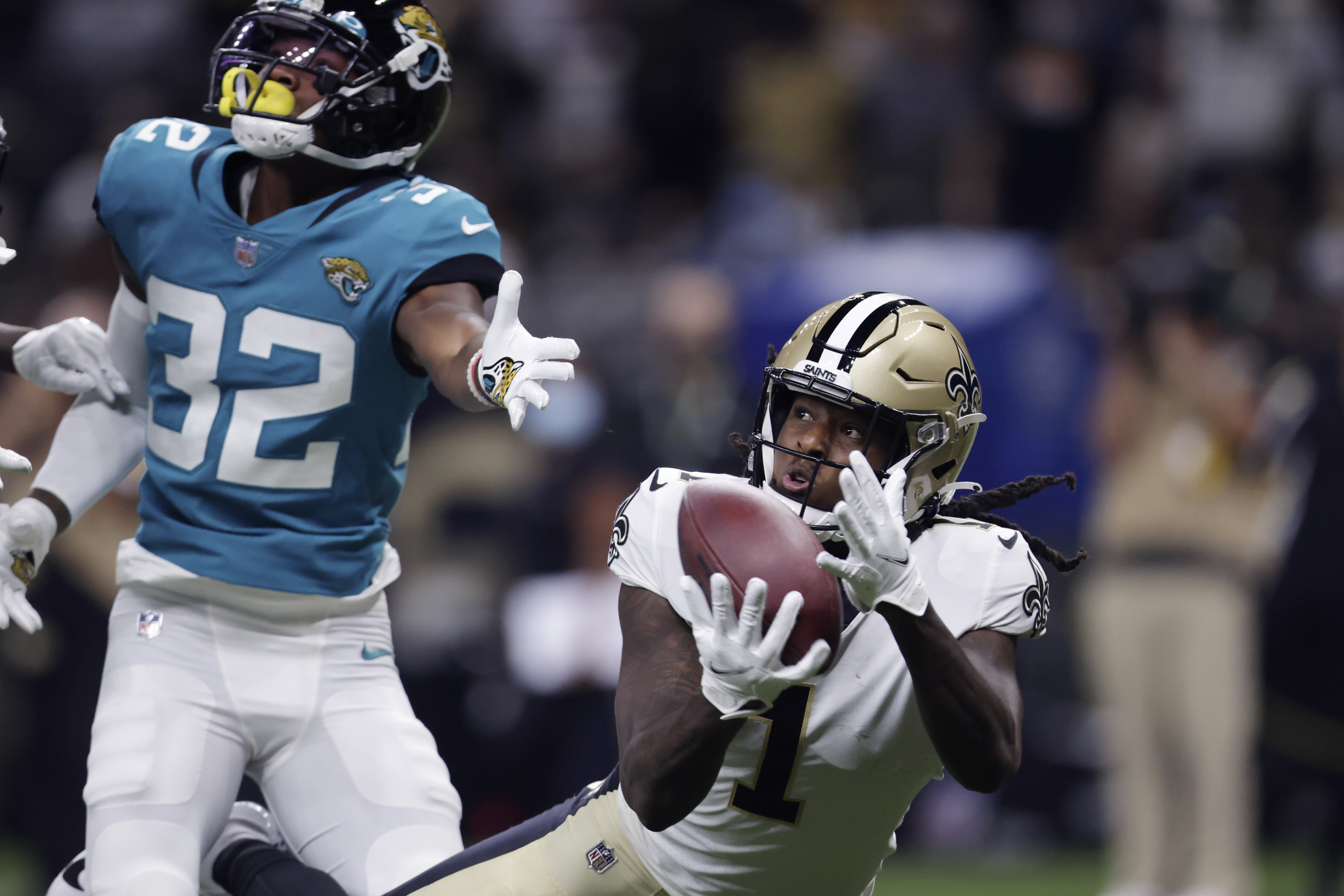 New Orleans Saints defensive end Cameron Jordan (94) sacks Jacksonville  Jaguars quarterback Gardner Minshew, left, during the first half of an NFL  football game Sunday, Oct. 13, 2019, in Jacksonville, Fla. (AP