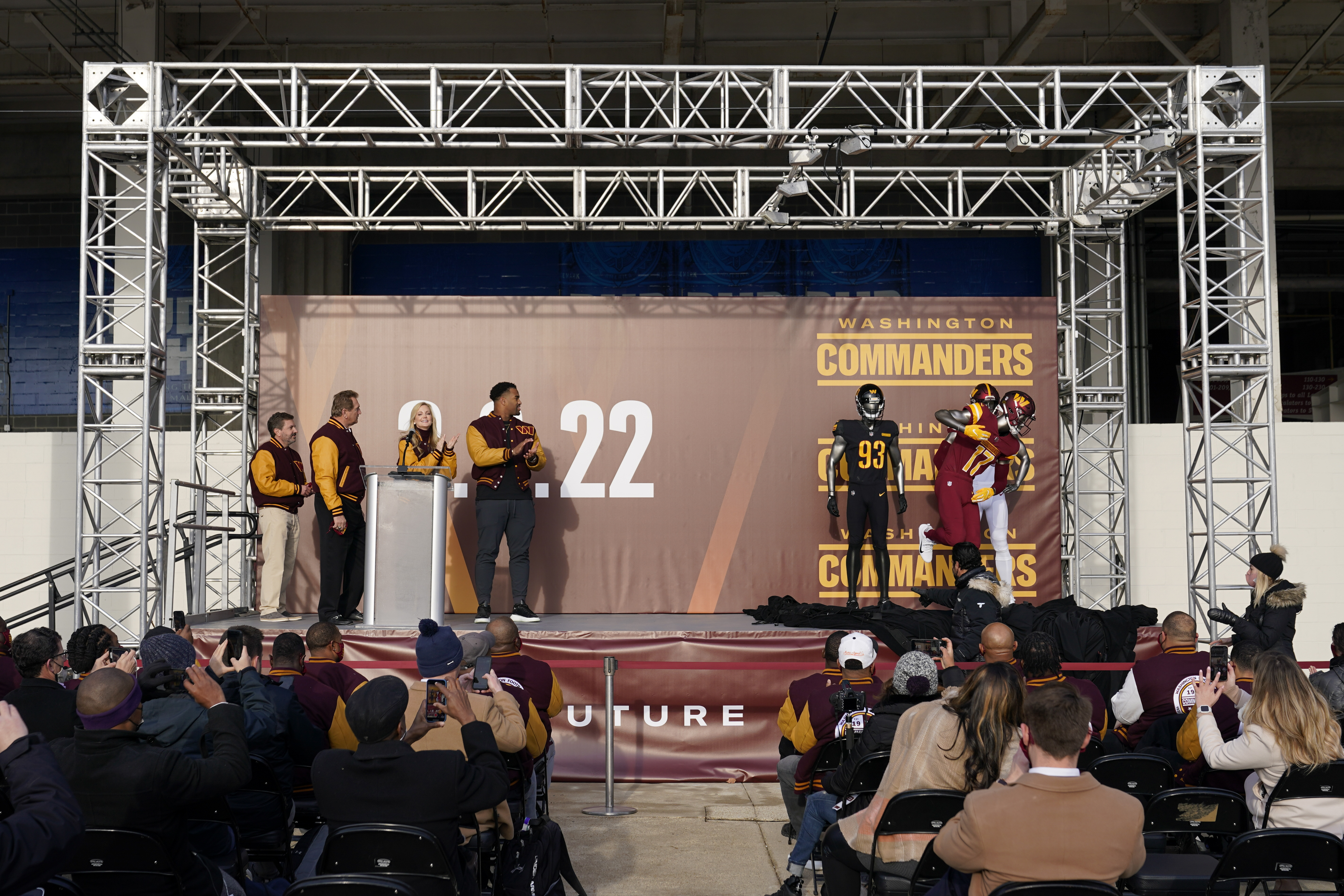 Washington Commanders jerseys are displayed at an event to unveil the NFL  football team's new identity, Wednesday, Feb. 2, 2022, in Landover, Md. The  new name comes 18 months after the once-storied