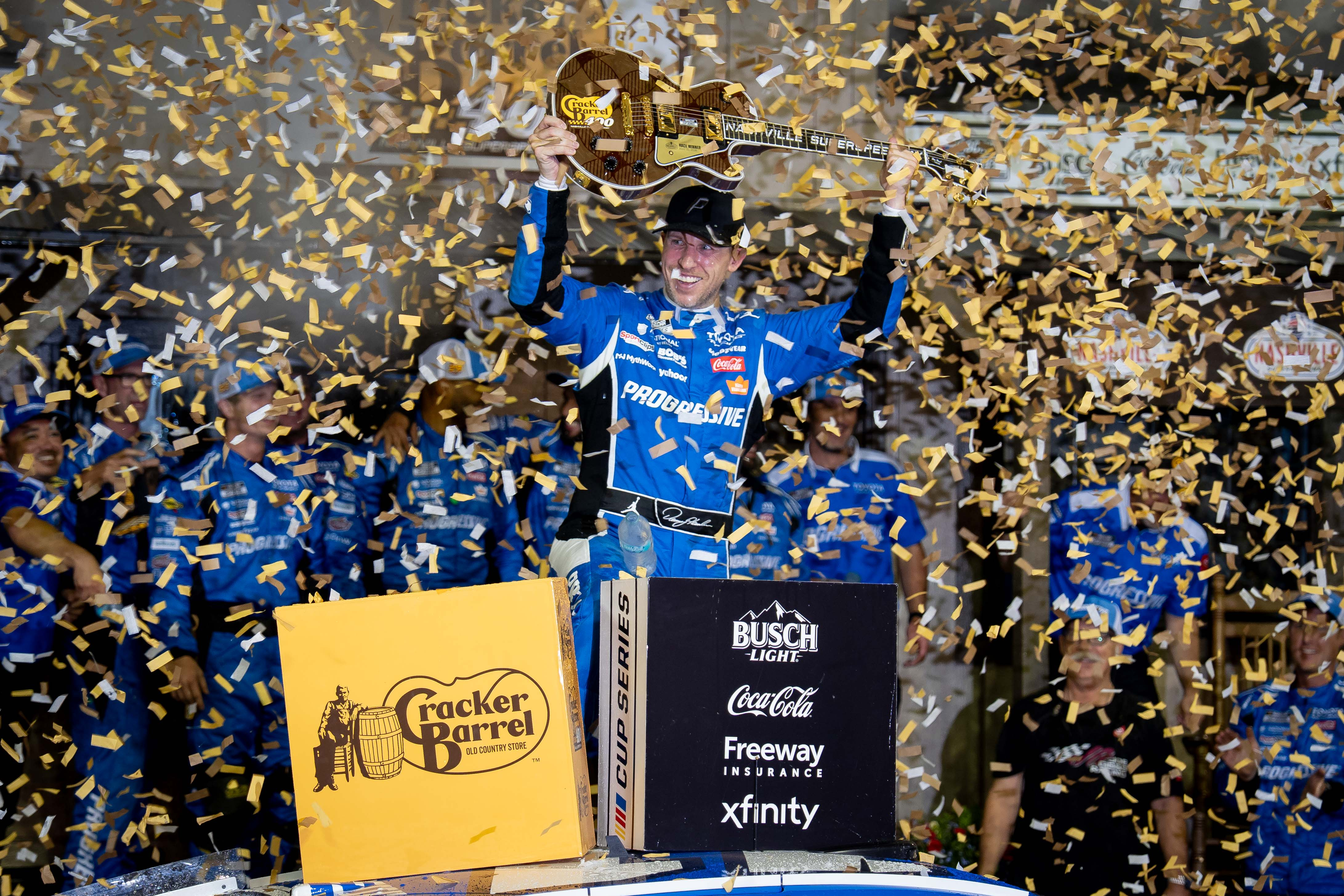 Denny Hamlin storms back from a pole-start penalty to win at