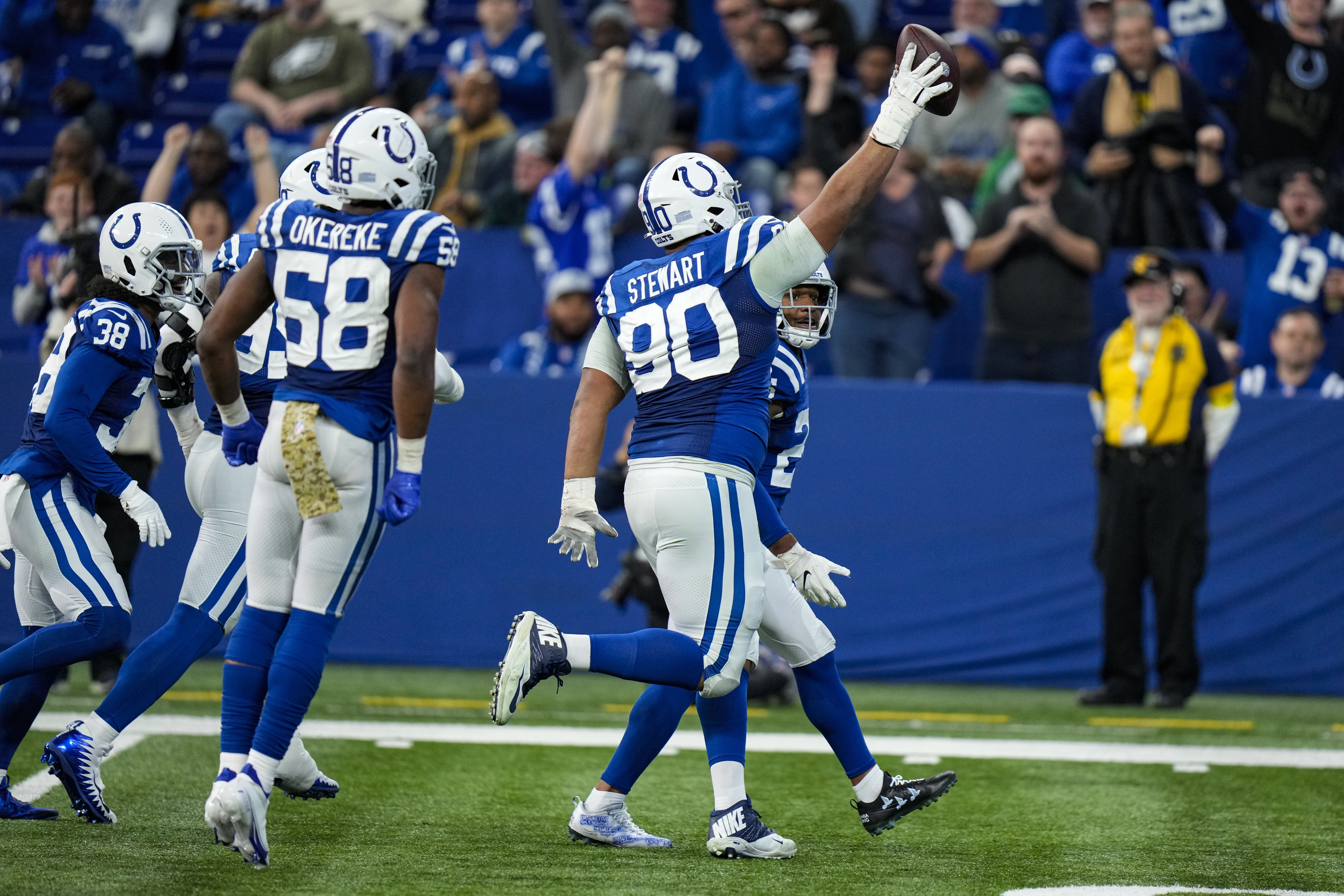 INDIANAPOLIS, IN - NOVEMBER 20: Indianapolis Colts Linebacker Bobby Okereke  (58) walks off the field at the conclusion of the NFL football game between  the Philadelphia Eagles and the Indianapolis Colts on