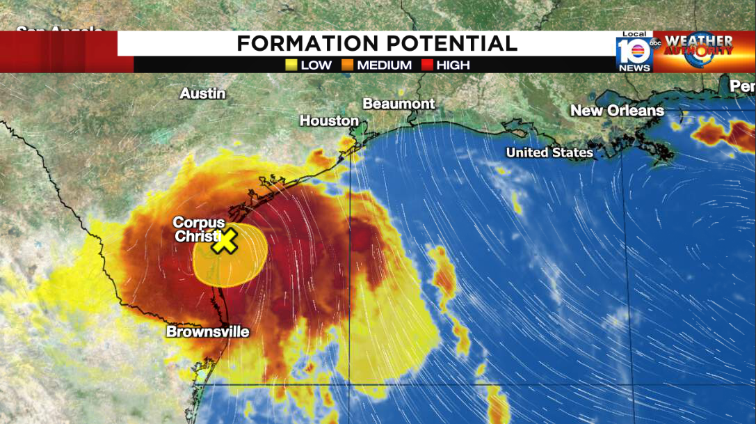 Gulf disturbance moving inland over south Texas