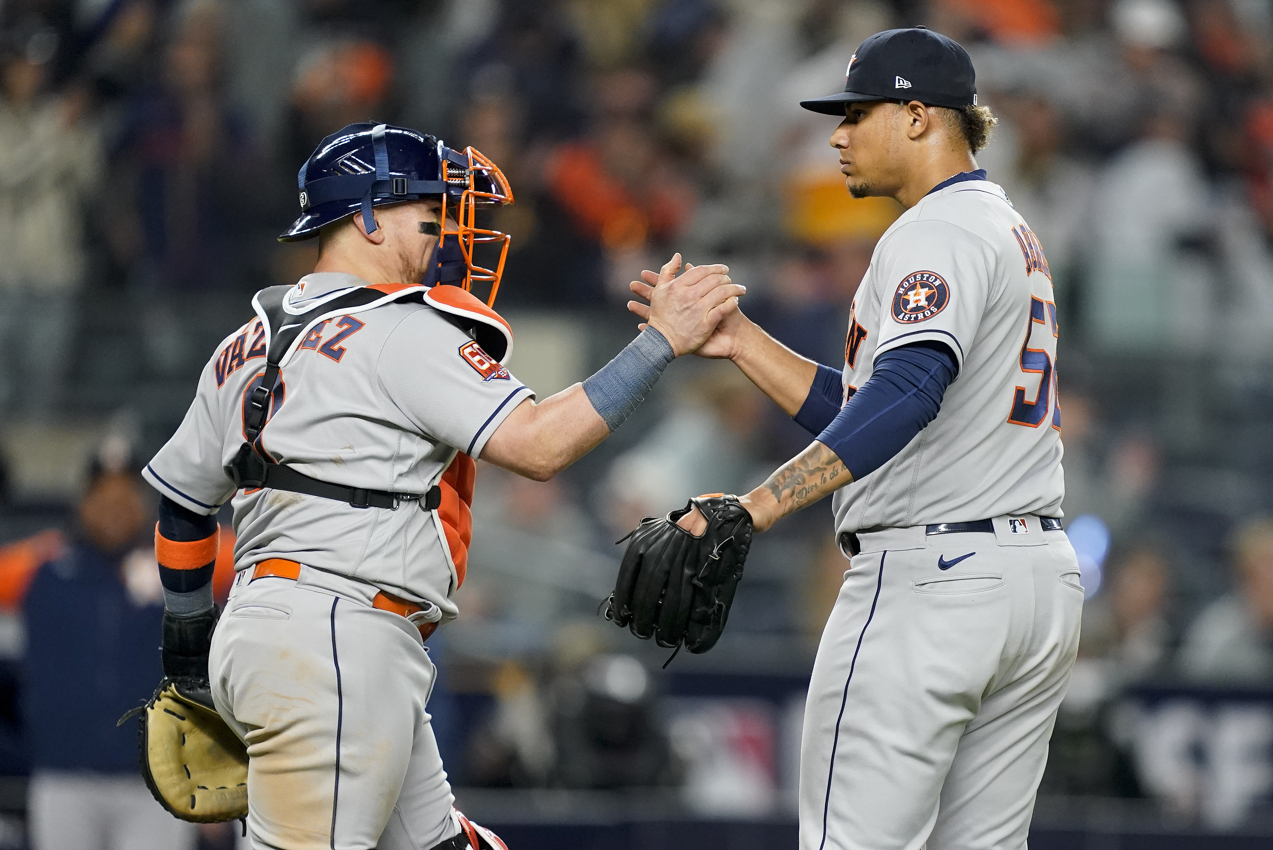 Houston Astros relief pitcher Bryan Abreu reacts after the last out of a  baseball game against the New York Yankees at Yankee Stadium, Sunday, Aug.  6, 2023, in New York. (AP Photo/Seth