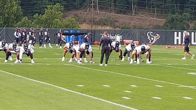 The Houston Texans huddle up during the NFL football team's training camp  at Houston Methodist Training Center, on Wednesday, July 26, 2023, in  Houston. (AP Photo/Maria Lysaker Stock Photo - Alamy