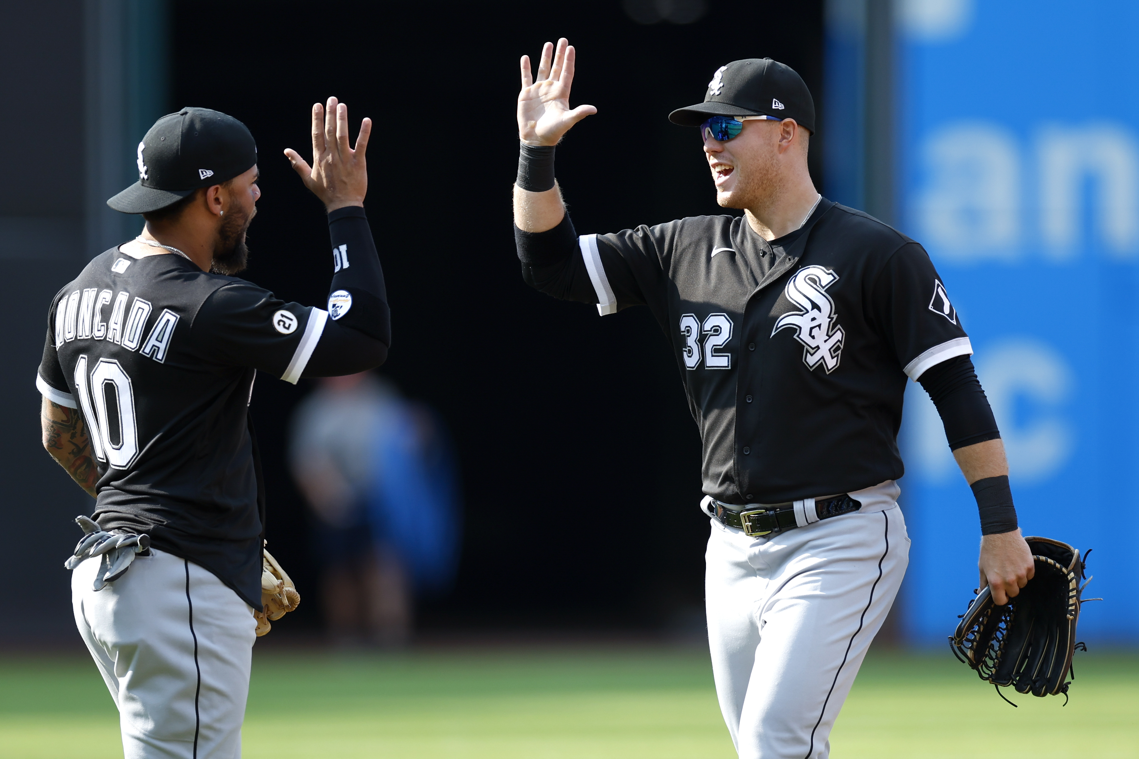 Jose Abreu and Yoan Moncada of the Chicago White Sox celebrate a win