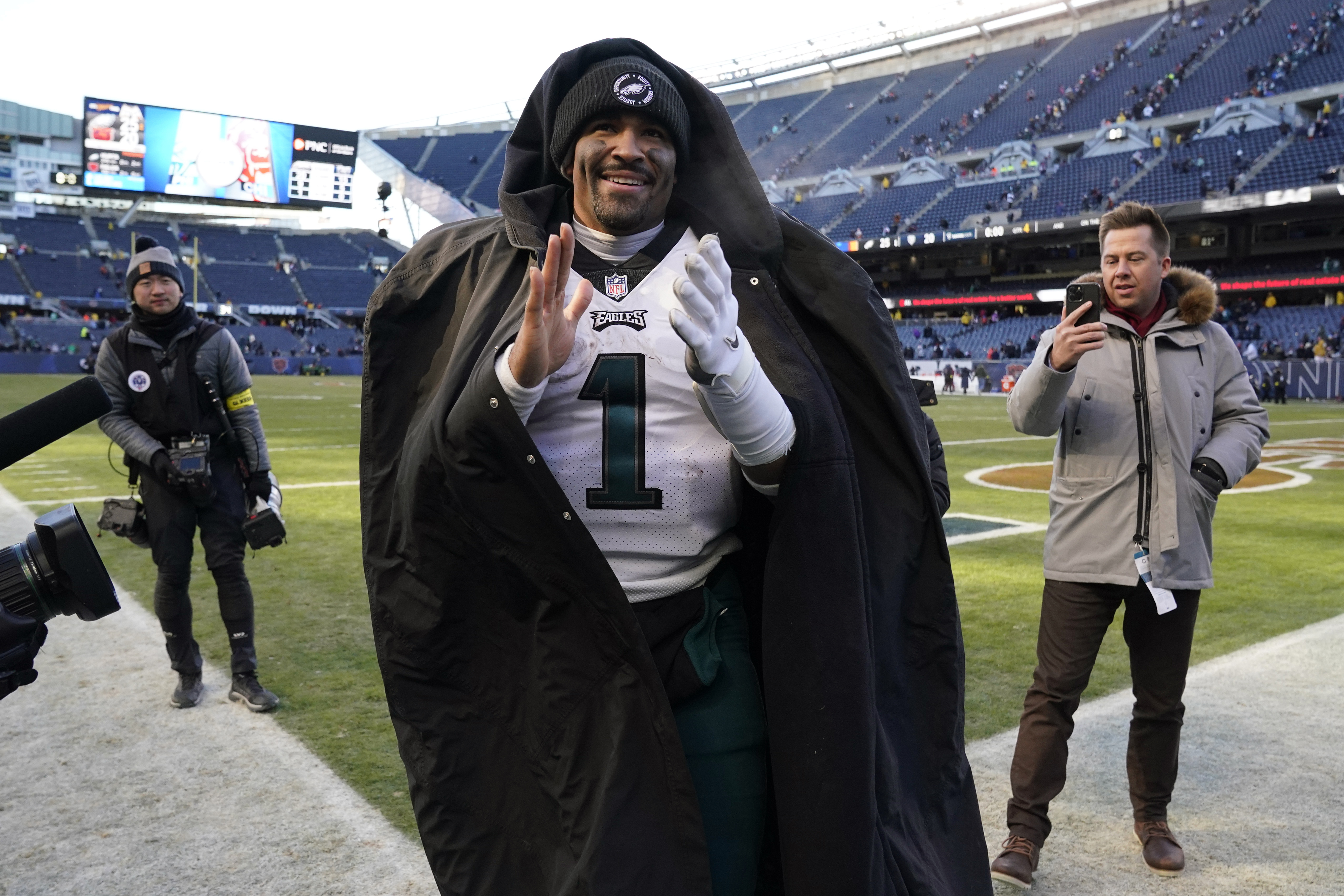 Philadelphia Eagles quarterback Jalen Hurts (1) reacts after a touchdown  against the New York Giants during an NFL football game Sunday, Dec. 11,  2022, in East Rutherford, N.J. (AP Photo/Adam Hunger Stock