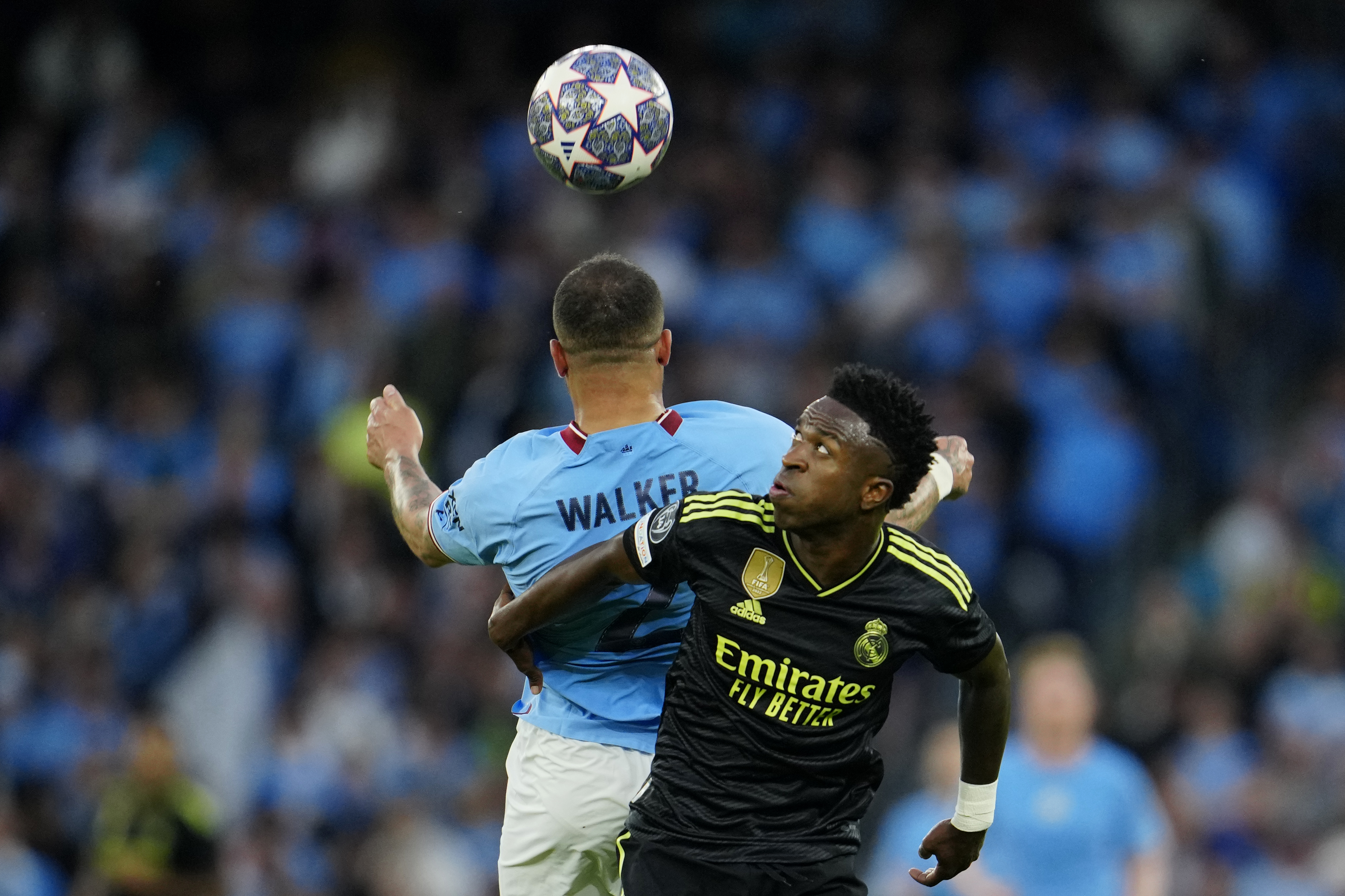 Real Madrid's Eder Militao heads the ball during the Champions League  semifinal second leg soccer match between Manchester City and Real Madrid  at Etihad stadium in Manchester, England, Wednesday, May 17, 2023. (