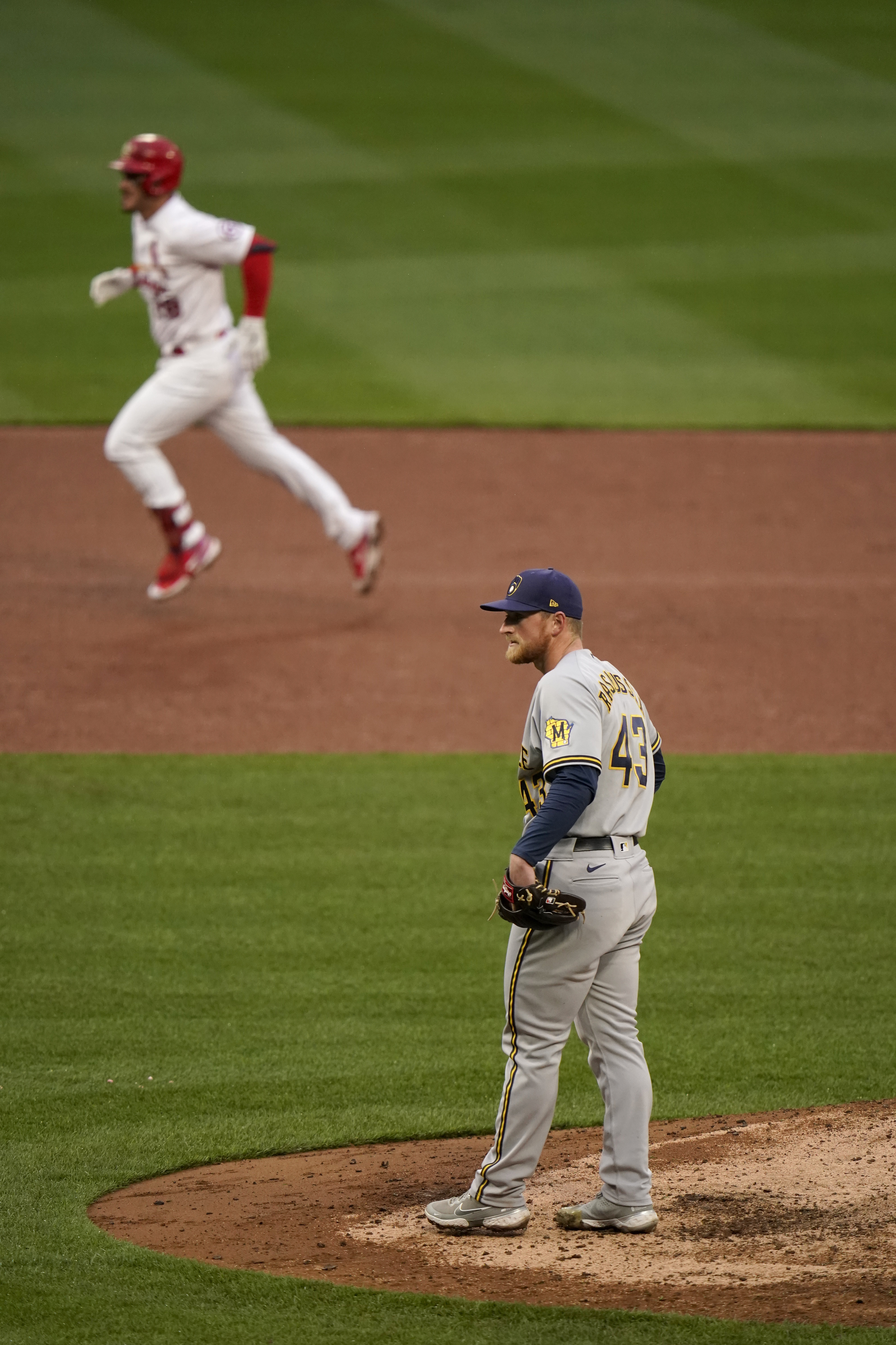 April 8, 2023: St. Louis Cardinals third baseman Nolan Arenado (28) rounds  third base as he hits a 2 run home run for his 300th home run of his career  during the