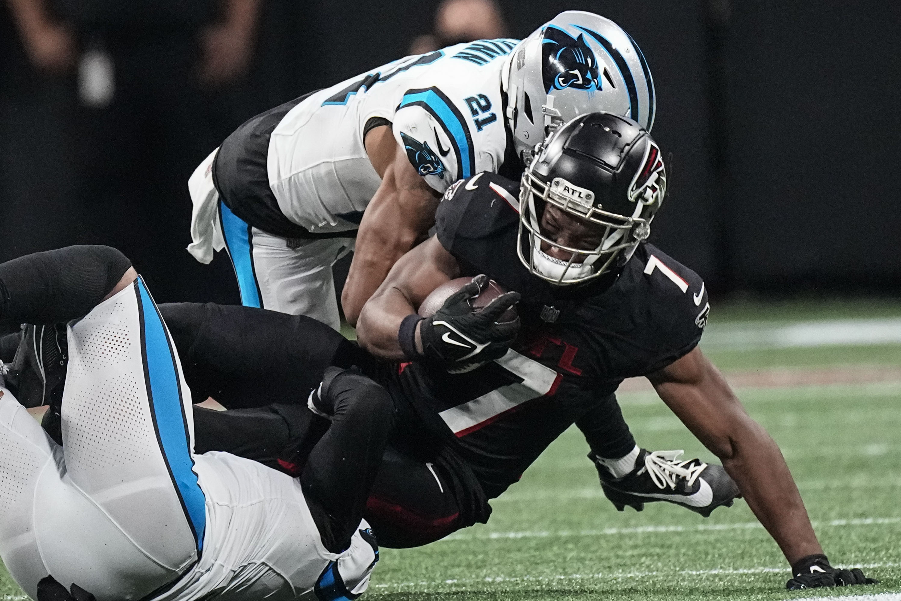 Carolina Panthers wide receiver Terrace Marshall Jr. (88) lines up during  the first half of an NFL football game against the Atlanta Falcons, Sunday,  Sep. 10, 2023, in Atlanta. The Atlanta Falcons