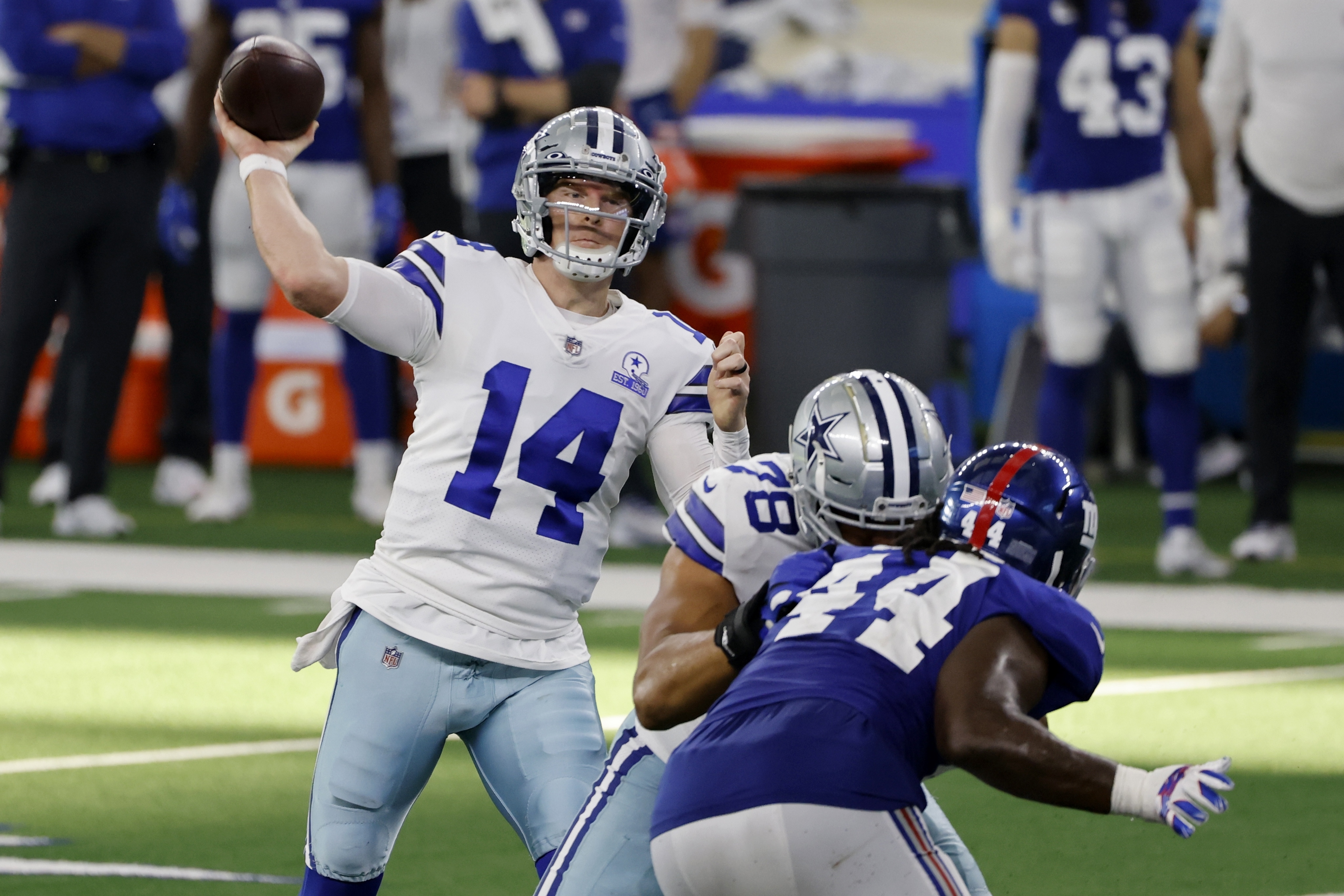 Dallas Cowboys quarterback Dak Prescott throws a pass in the third quarter  against the New York Giants in week 17 of the NFL season at MetLife Stadium  in East Rutherford, New Jersey