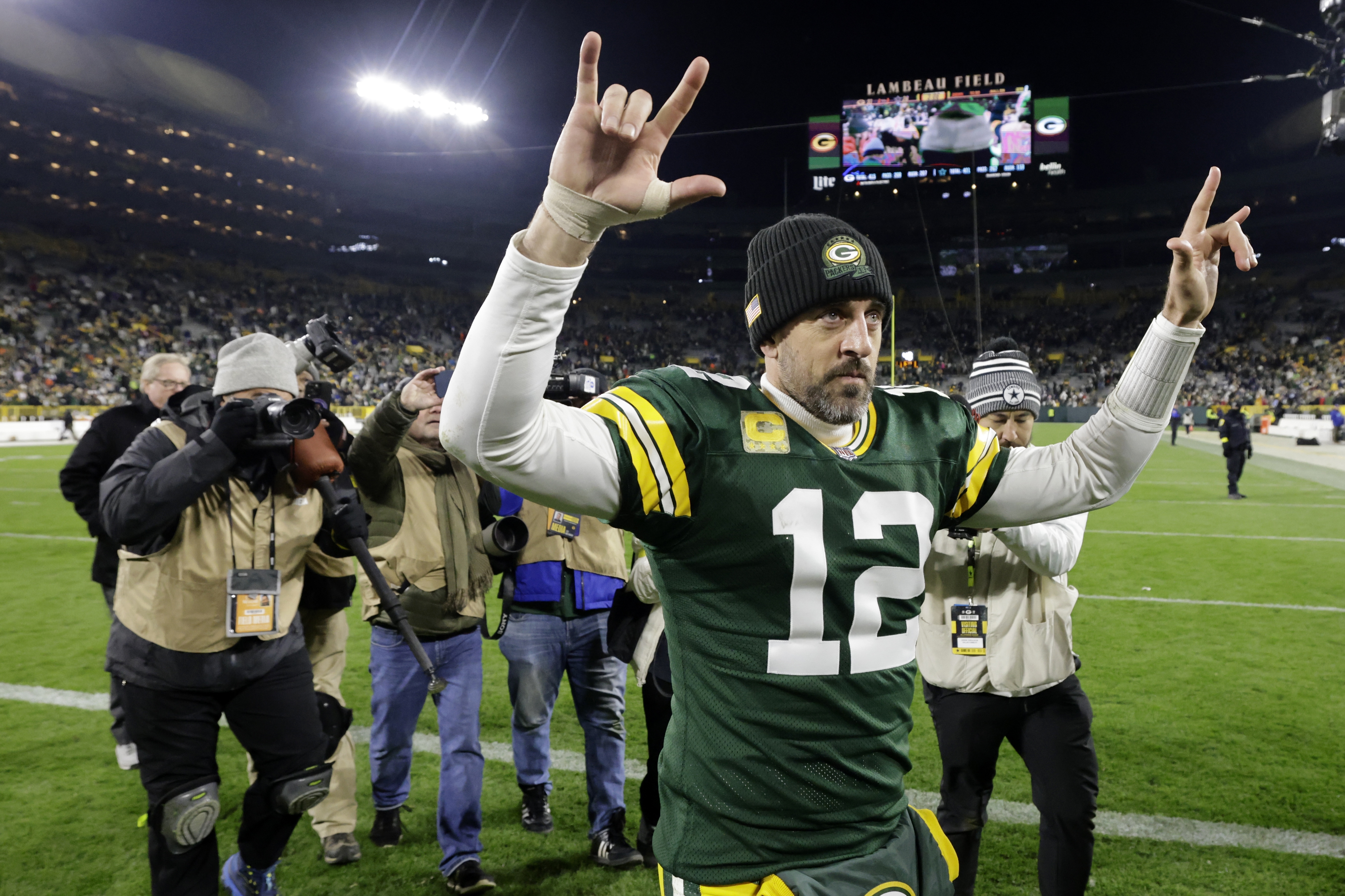 Green Bay Packers safety Rudy Ford (20) celebrates intercepting a Dallas  Cowboys quarterback Dak Prescott pass during the first half of an NFL  football game Sunday, Nov. 13, 2022, in Green Bay