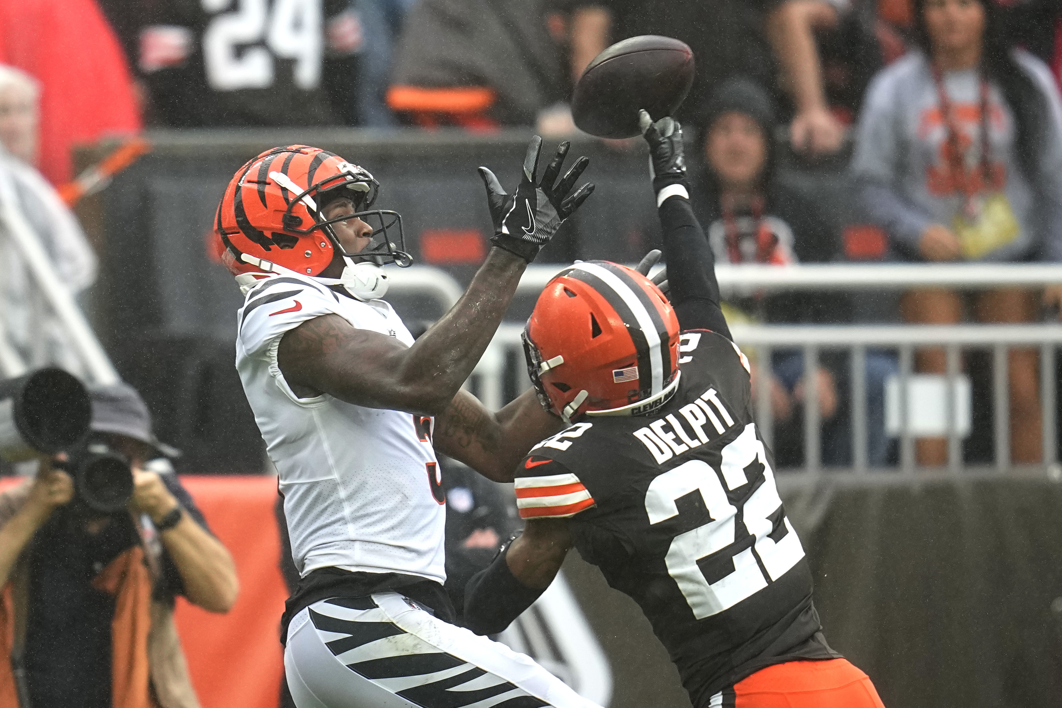 CLEVELAND, OH - DECEMBER 24: Cleveland Browns safety Grant Delpit (22)  celebrates after making a tackle during the third quarter of the National  Football League game between the New Orleans Saints and