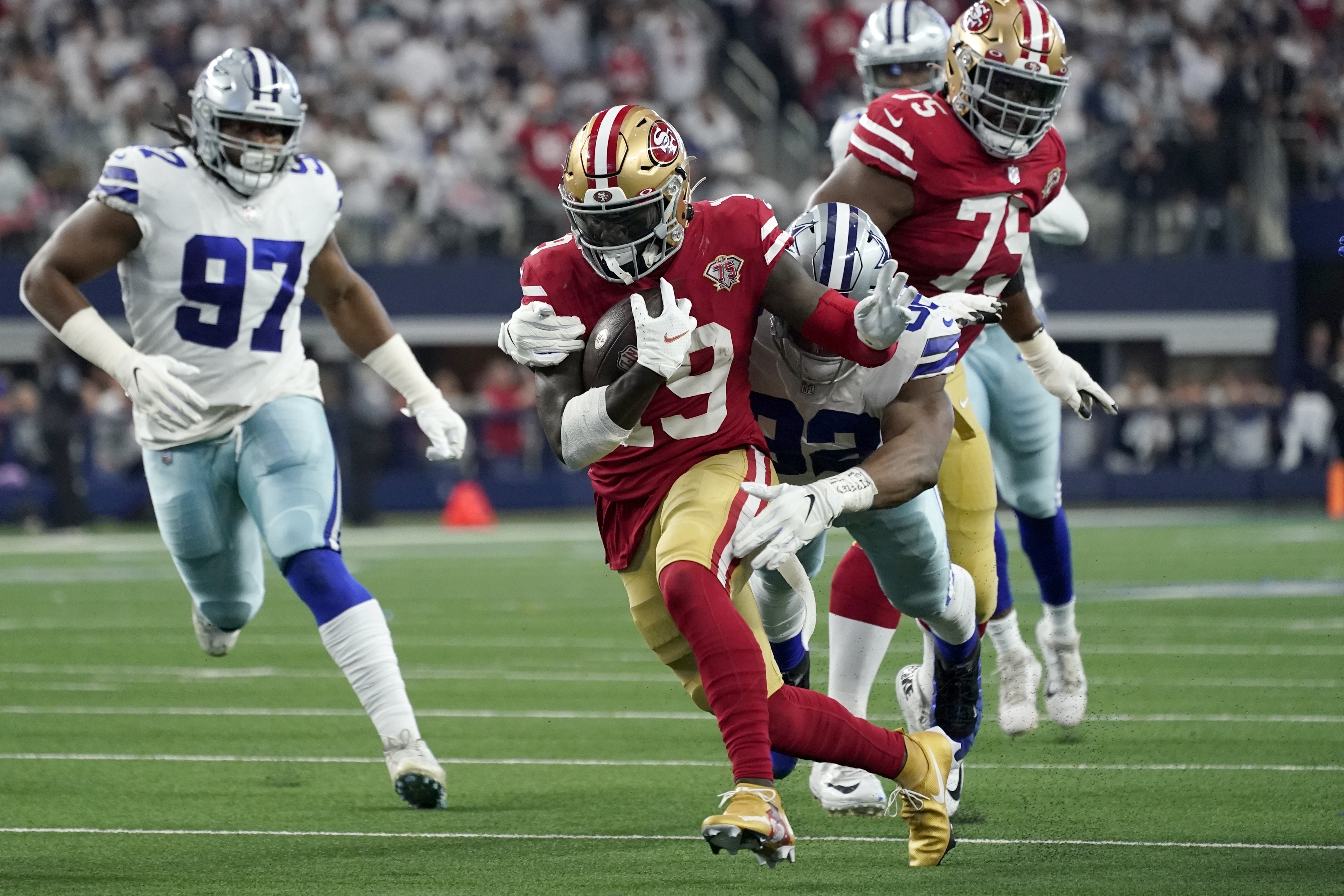 Dallas Cowboys defender Deion Sanders (21) knocks the ball away from San  Francisco 49ers receiver Jerry Rice (80) in the second quarter in Irving,  Texas, Sunday, Nov. 12, 1995. (AP Photo/Eric Gay