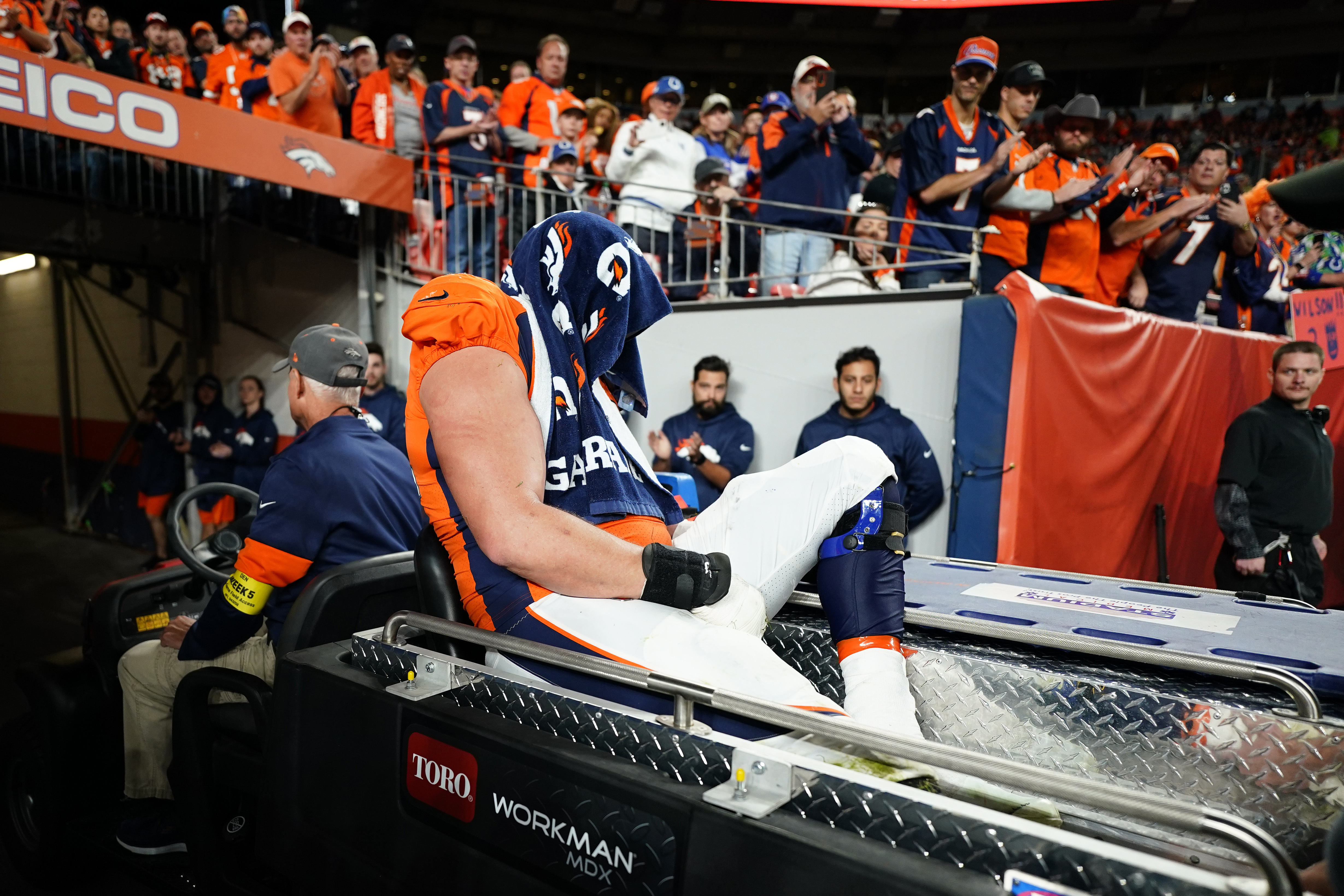 Denver Broncos safety Caden Sterns (30) leaves the field after an NFL  football game against the Indianapolis Colts, Thursday, Oct. 6, 2022, in  Denver. The Colts defeated the Broncos 12-9 in overtime. (