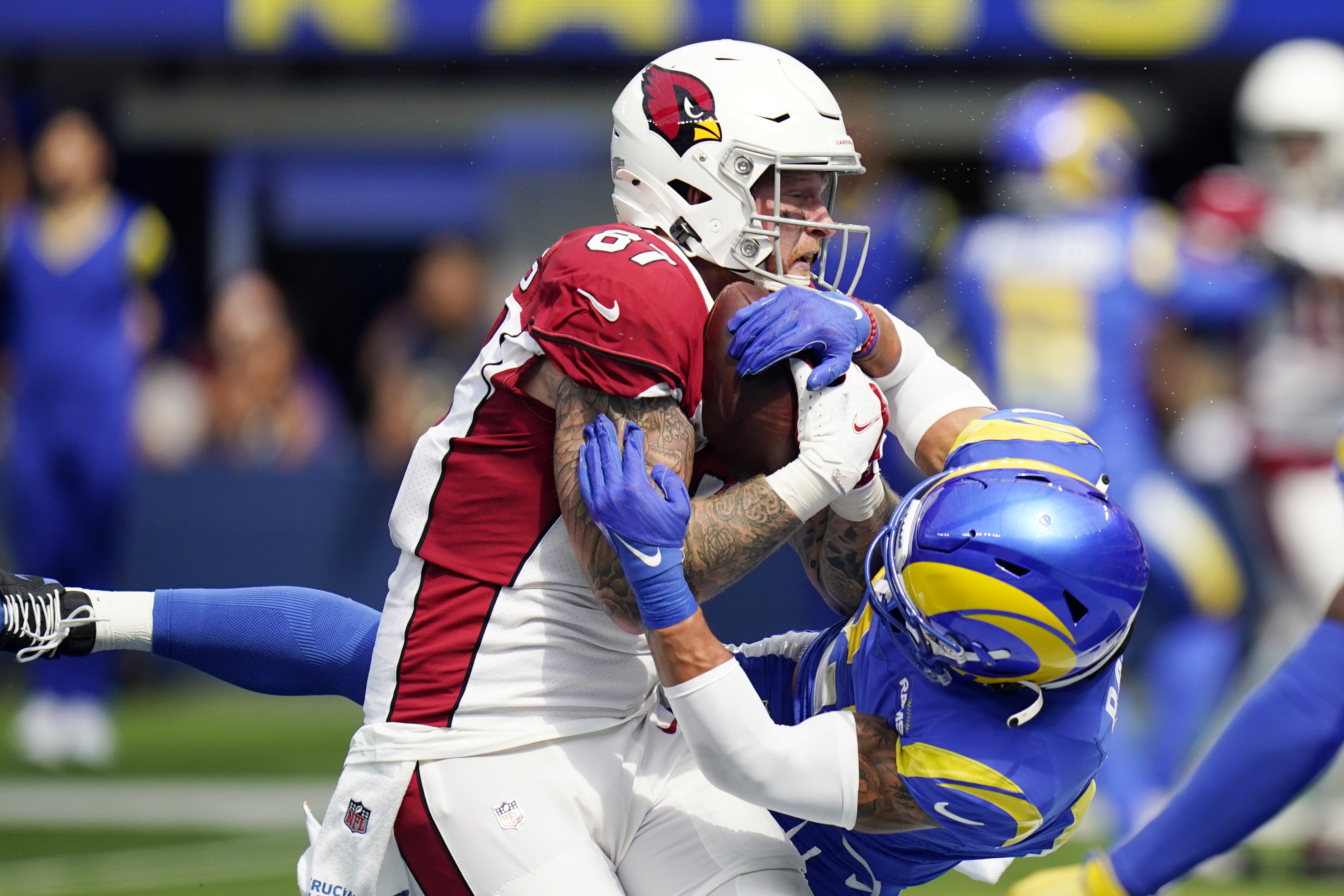 Inglewood, United States. 03rd Oct, 2021. Arizona Cardinals cornerback  Byron Murphy (7) celebrates after intercepting the ball during an NFL  football game against the Los Angeles Rams, Sunday, Oct. 3, 2021, in