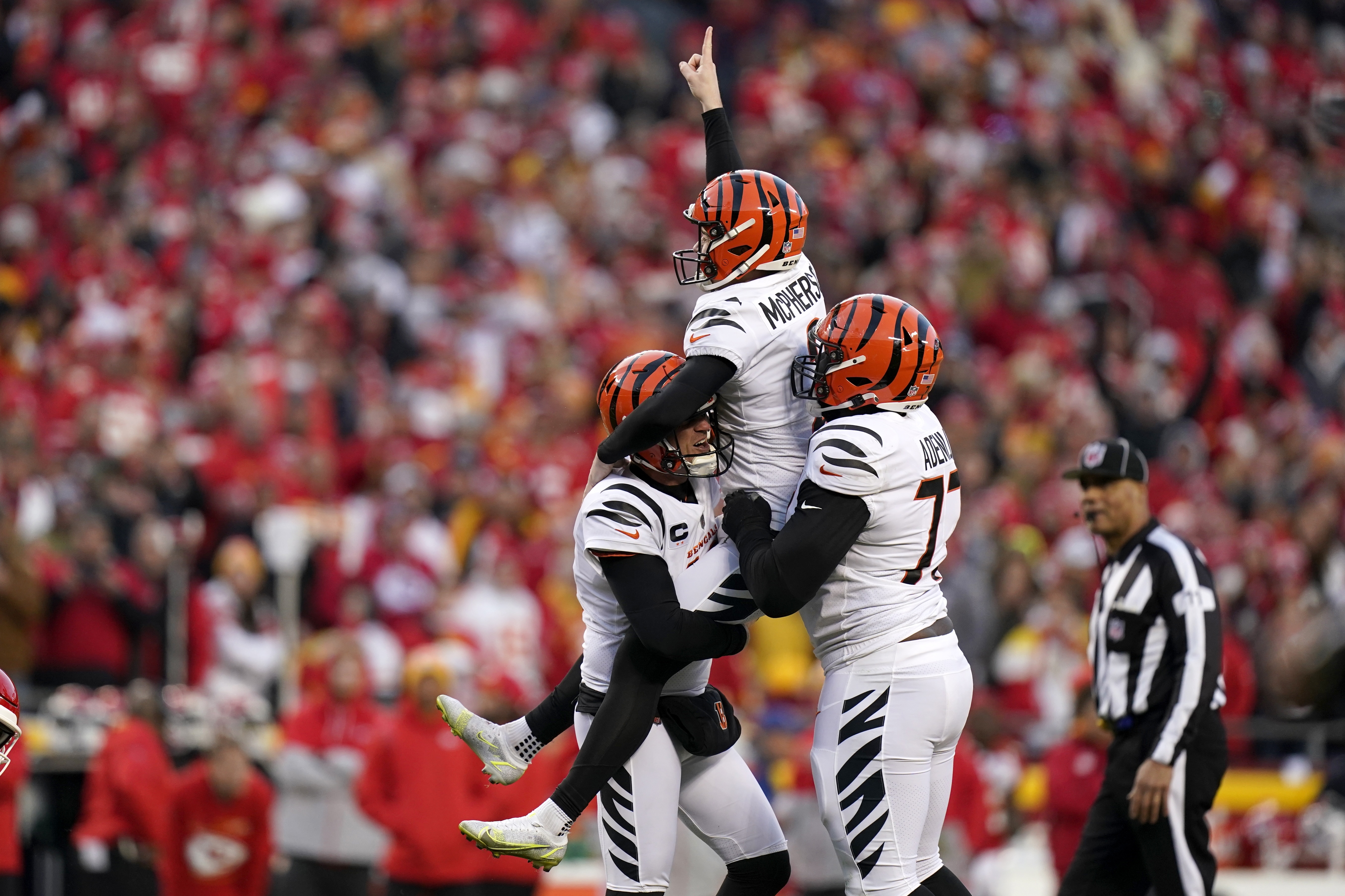 Cincinnati Bengals cornerback Tre Flowers (33) celebrates after a tackle  during the first half of an NFL football game against the Kansas City  Chiefs, Sunday, Jan. 2, 2022, in Cincinnati. The Bengals