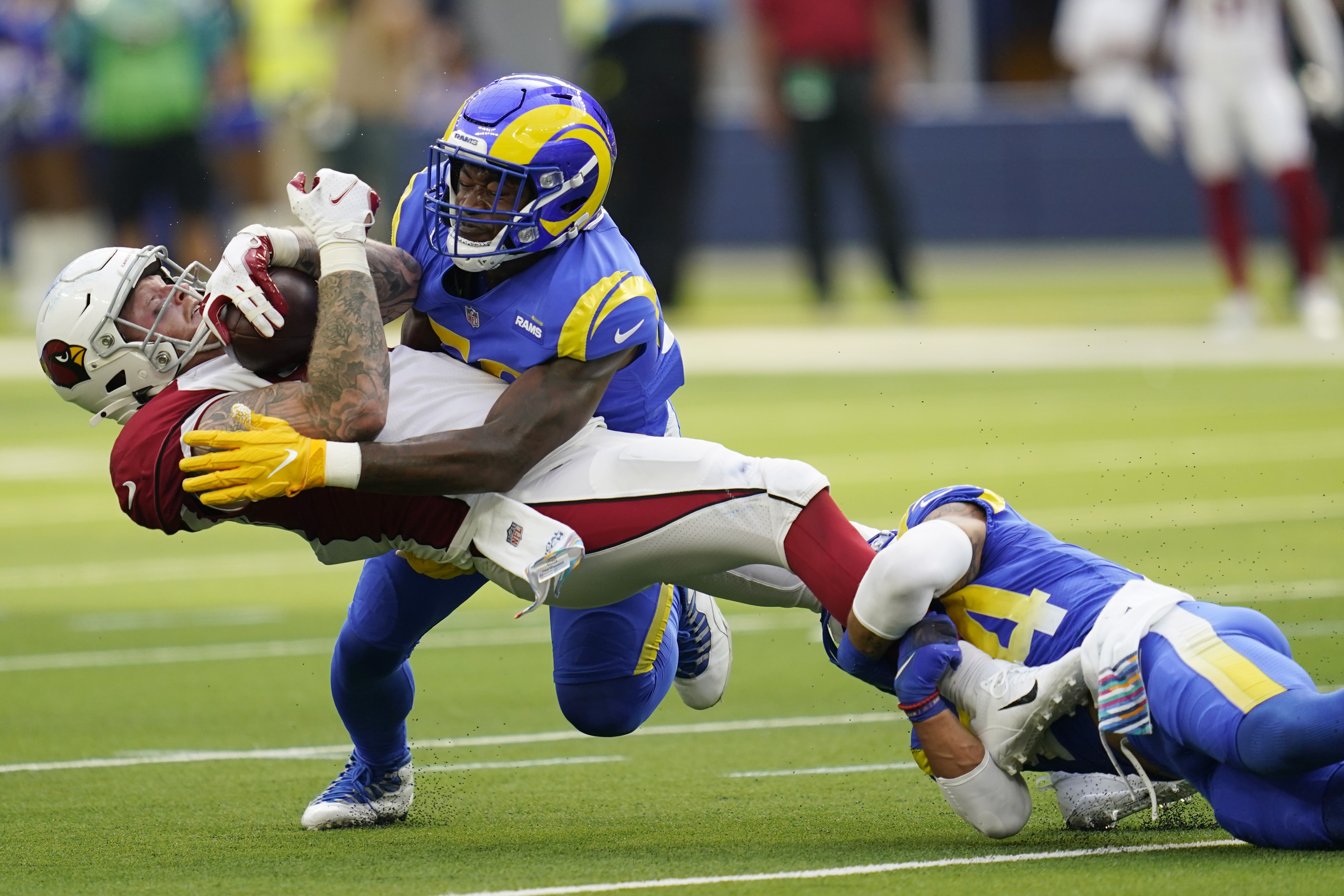 Inglewood, United States. 03rd Oct, 2021. Arizona Cardinals cornerback  Byron Murphy (7) celebrates after intercepting the ball during an NFL  football game against the Los Angeles Rams, Sunday, Oct. 3, 2021, in