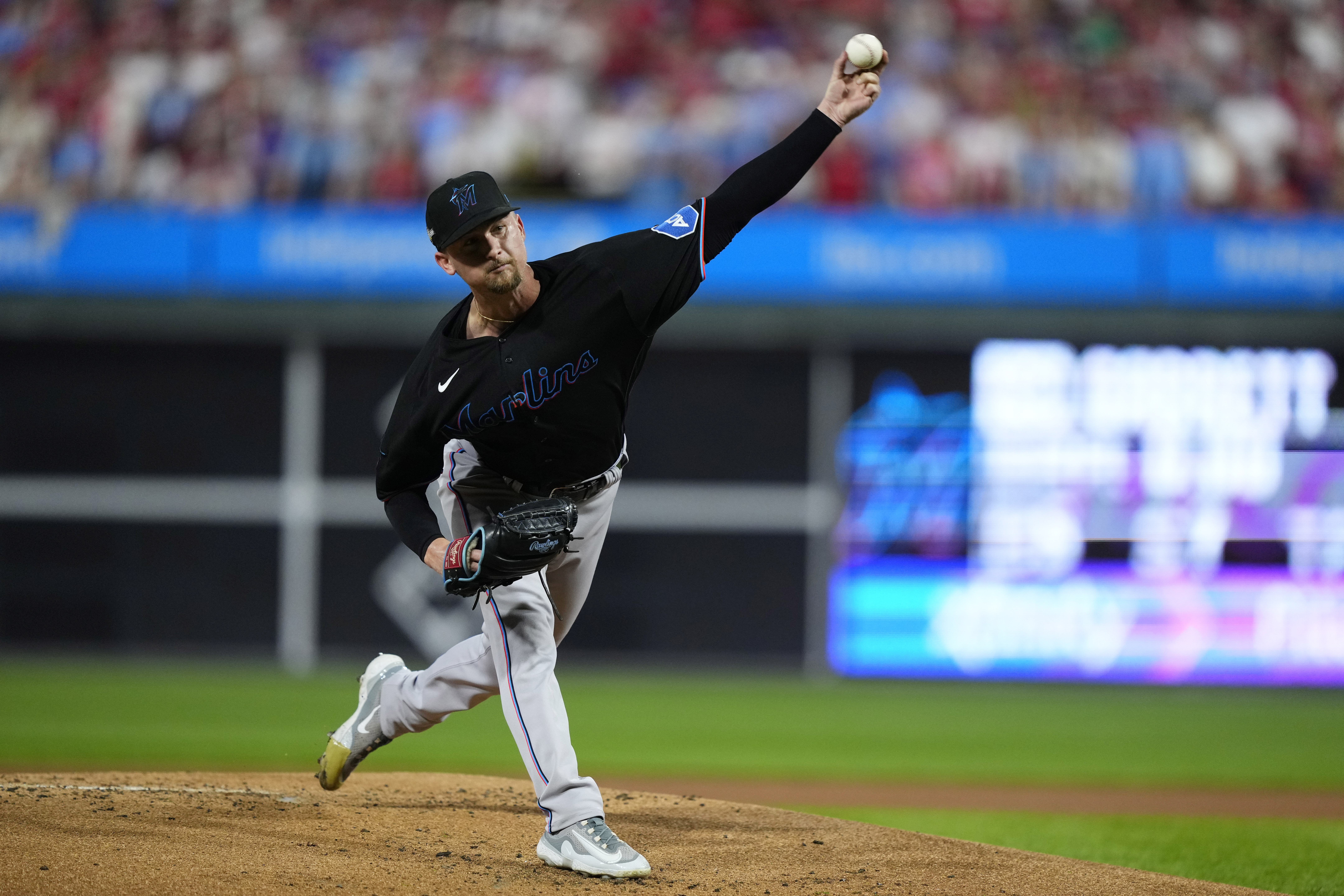 Miami Marlins' Jon Berti stands on second base after hitting an RBI-single  against the San Francisco Giants during the eighth inning of a baseball  game in San Francisco, Saturday, May 20, 2023.