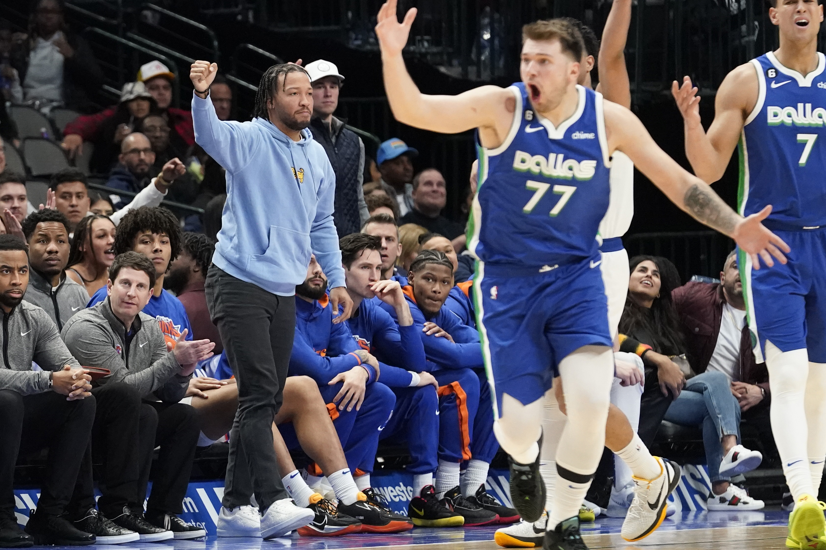 Dallas Mavericks guard Luka Doncic (77) reacts during the second quarter  against the New York Knicks at American Airlines Center.