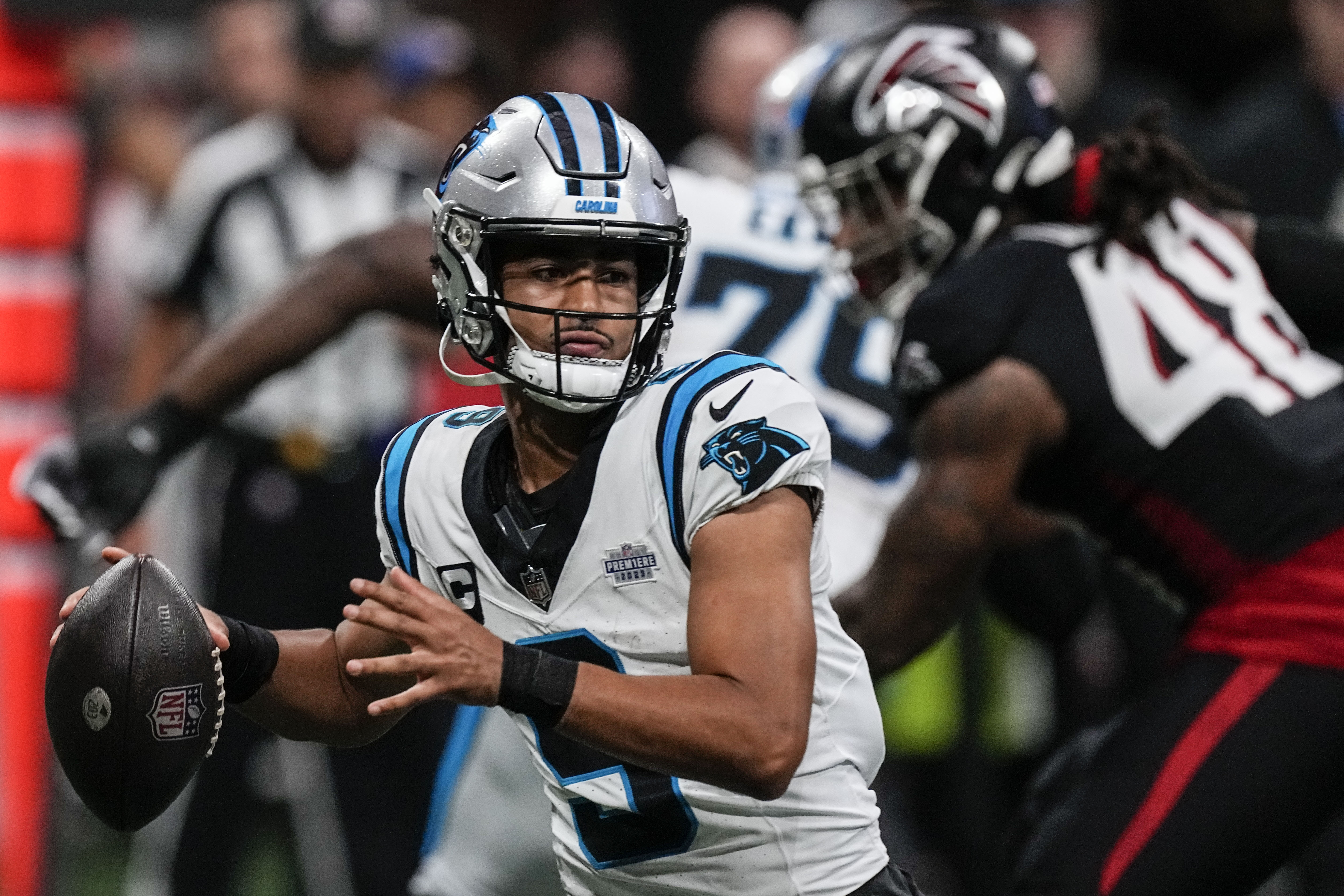 Carolina Panthers wide receiver Terrace Marshall Jr. (88) lines up during  the first half of an NFL football game against the Atlanta Falcons, Sunday,  Sep. 10, 2023, in Atlanta. The Atlanta Falcons