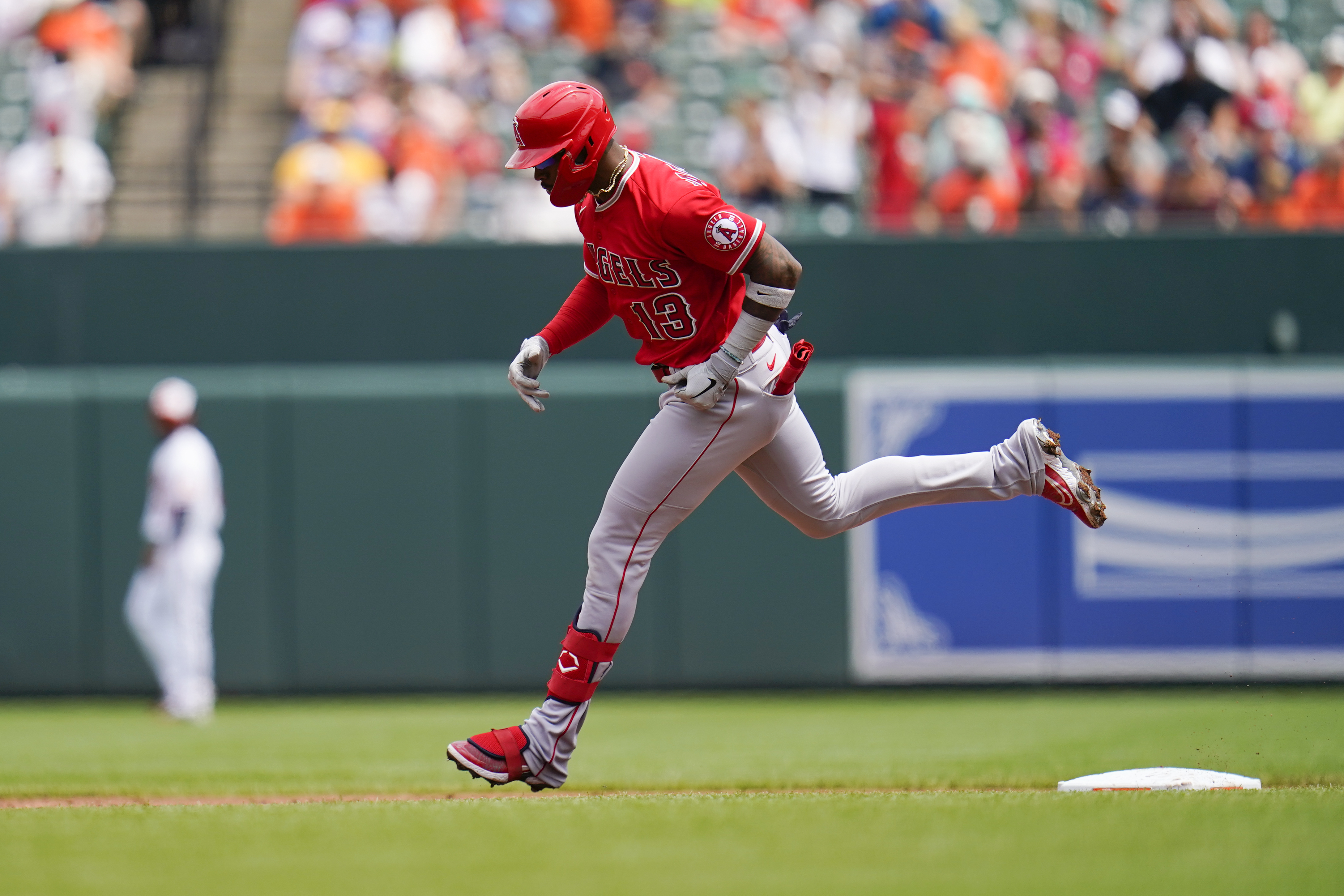 Baltimore Orioles second baseman Rougned Odor looks on from the dugout  during the first inning of a baseball game against the Los Angeles Angels,  Sunday, July 10, 2022, in Baltimore. (AP Photo/Julio