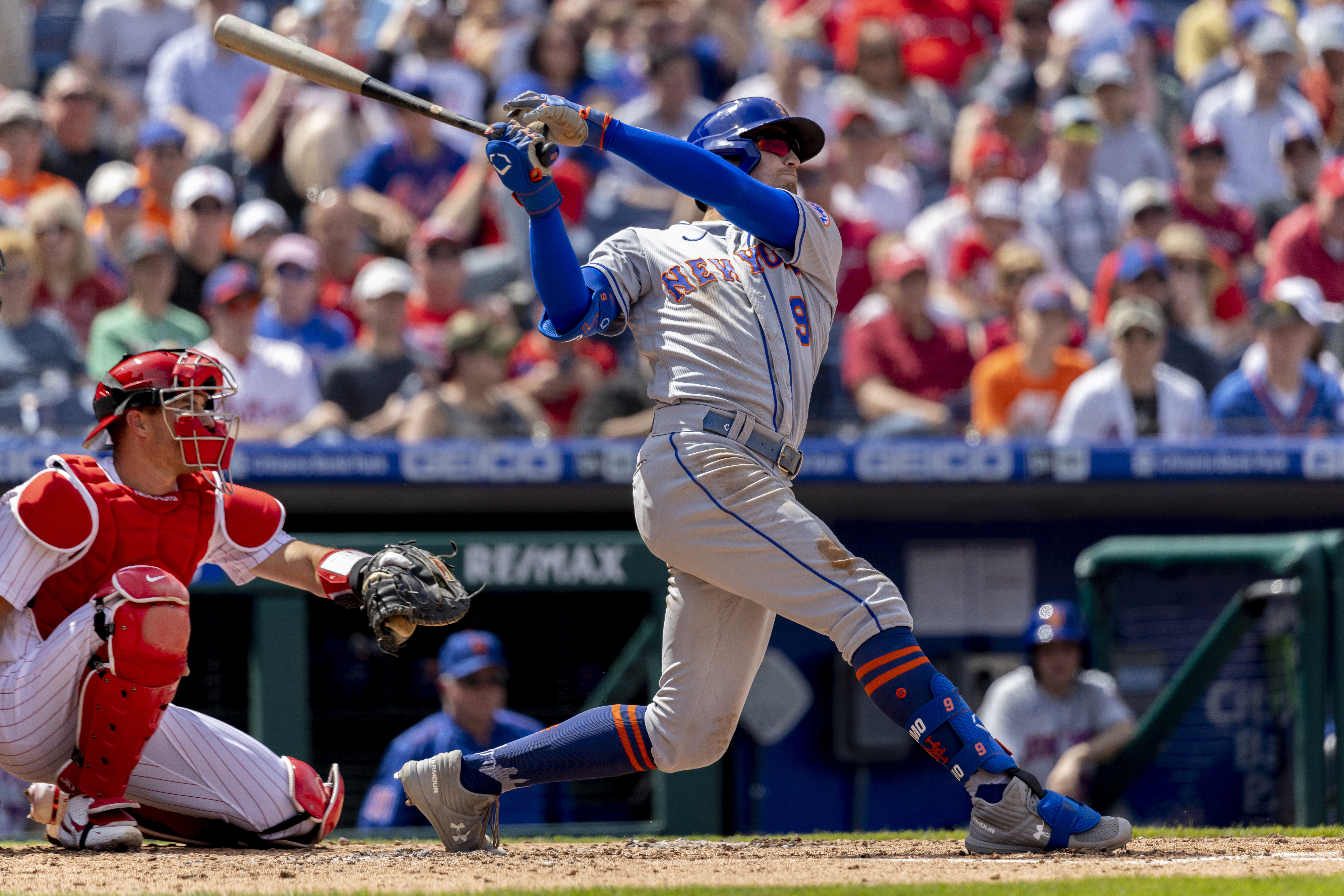 New York Mets center fielder Brandon Nimmo makes a catch on a flyout by  Philadelphia Phillies designated hitter Bryce Harper during the fourth  inning of a baseball game on Saturday, April 30