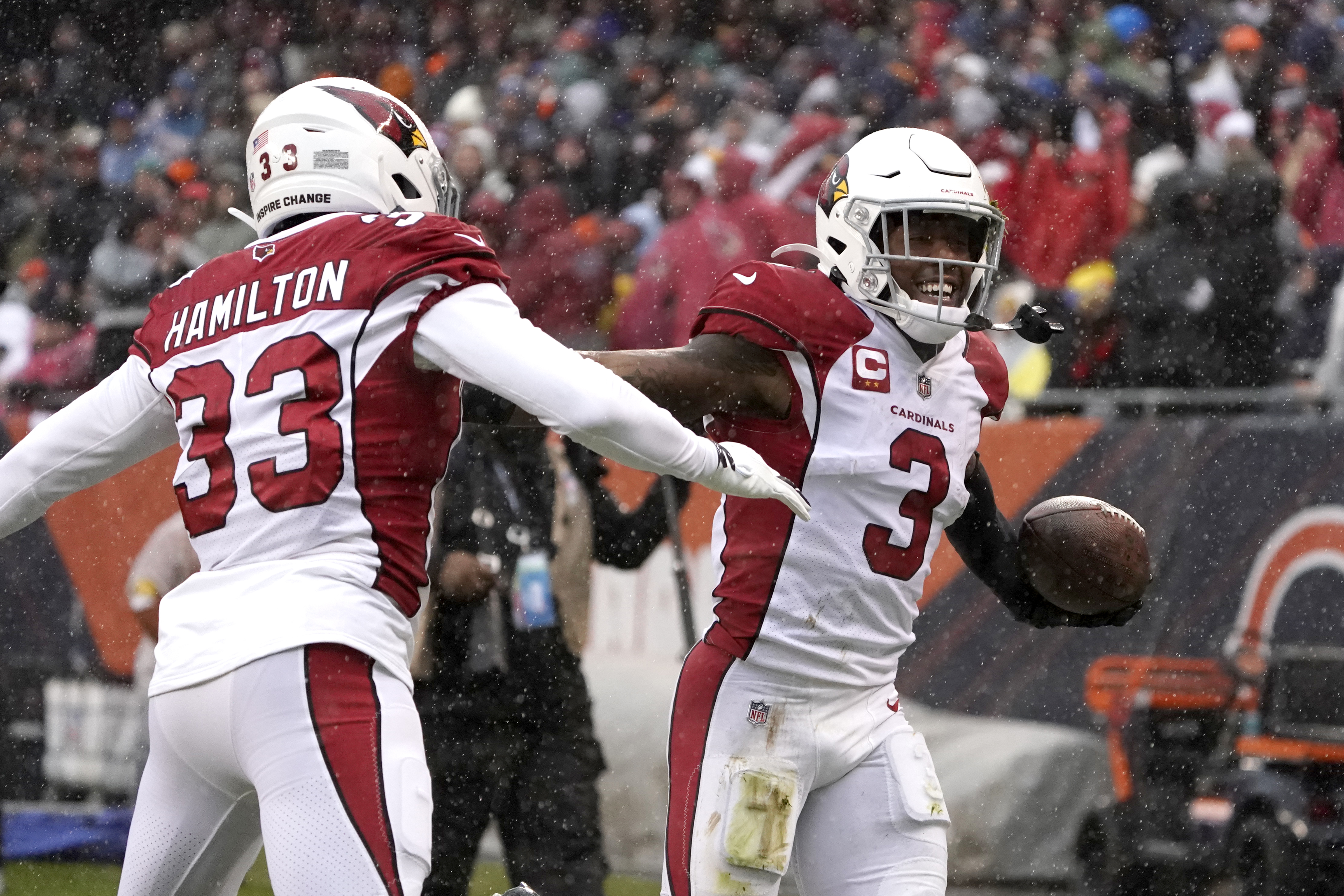 NFC strong safety Budda Baker of the Arizona Cardinals (3) celebrates an  interception with NFC …