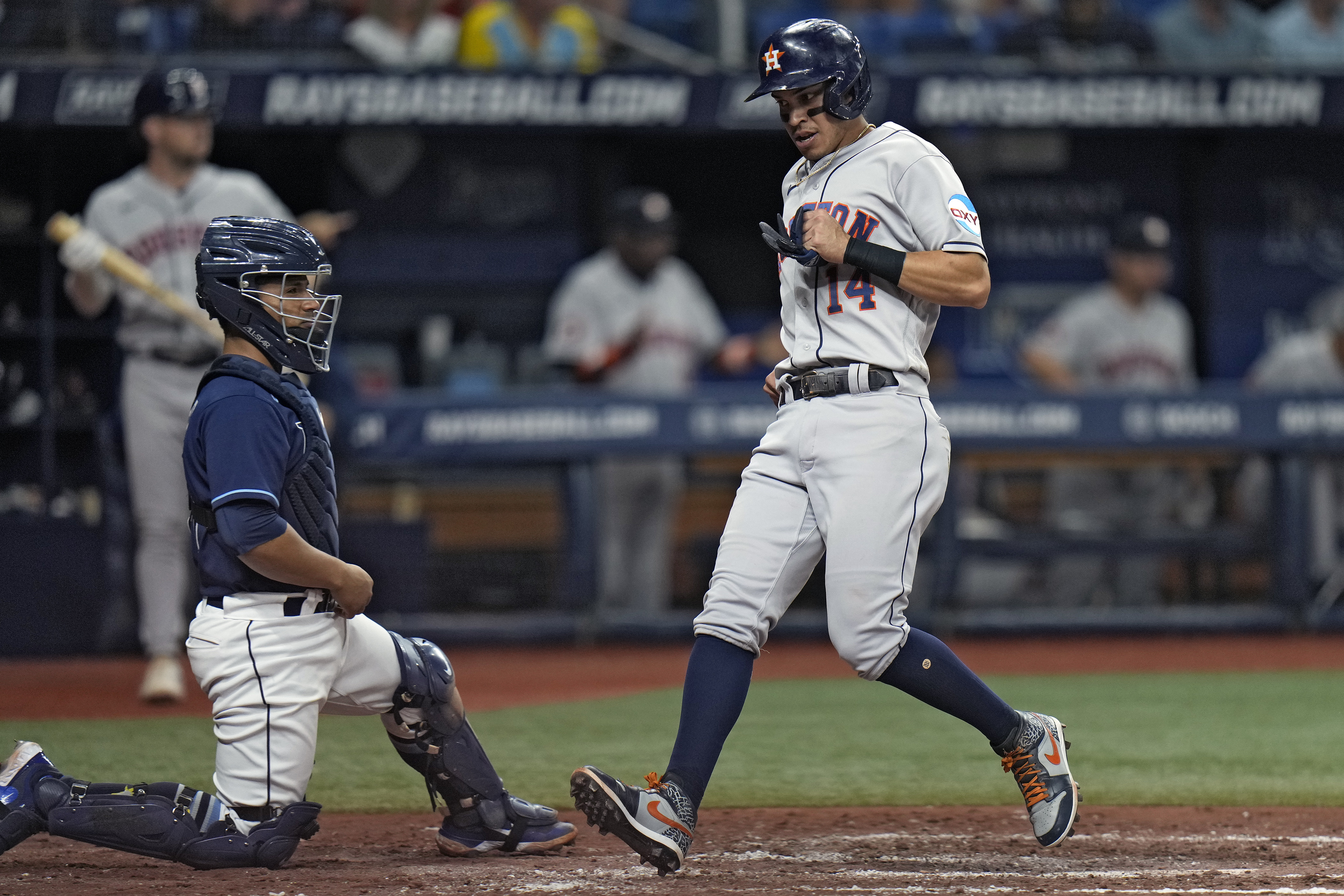 Tampa Bay Rays' Jose Siri draws a walk from Houston Astros starting pitcher  Luis Garcia during the fifth inning of a baseball game Tuesday, April 25,  2023, in St. Petersburg, Fla. (AP