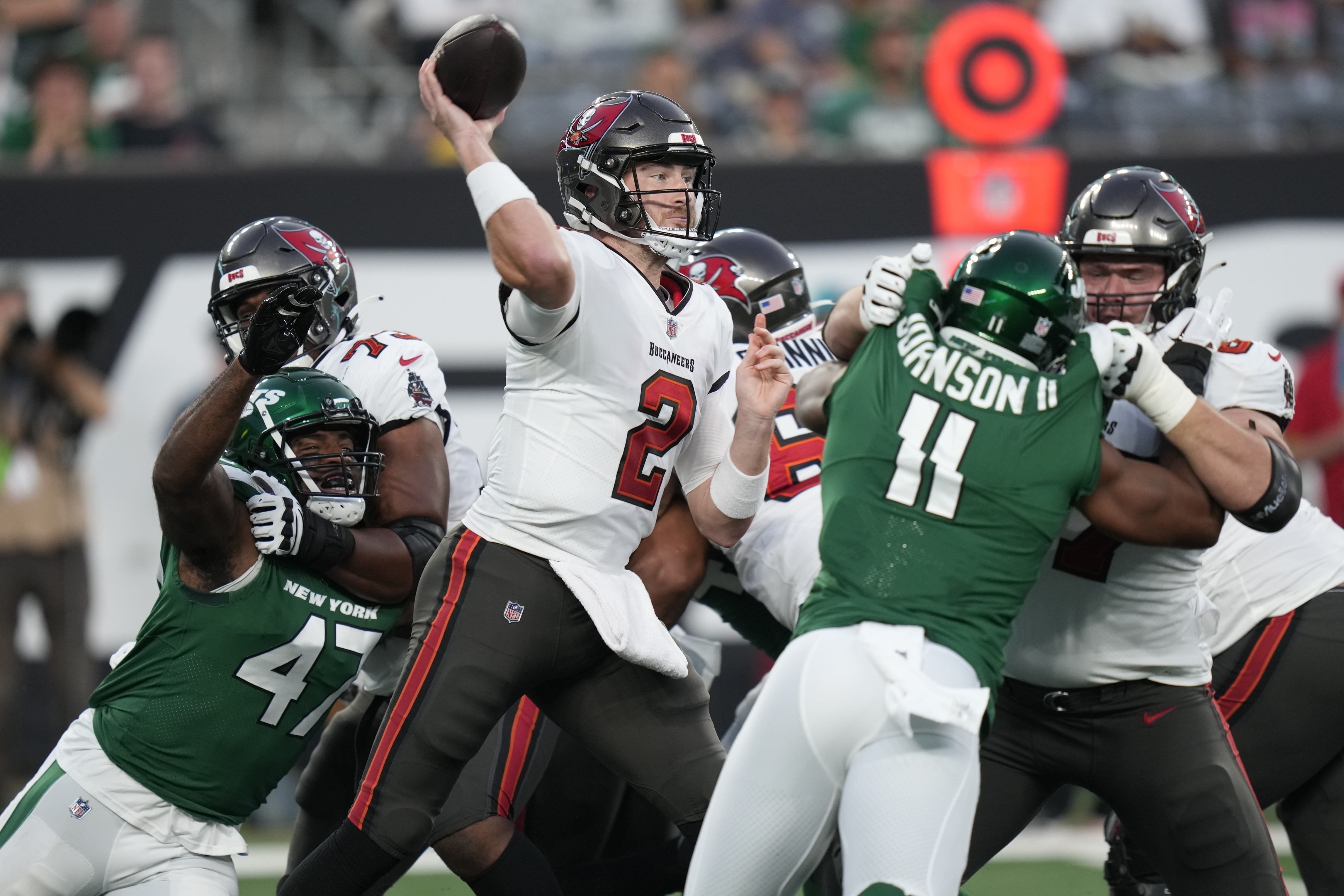 Mayfield sits while Trask plays in Bucs' 13-6 preseason win over Jets.  Backup Wolford injures neck