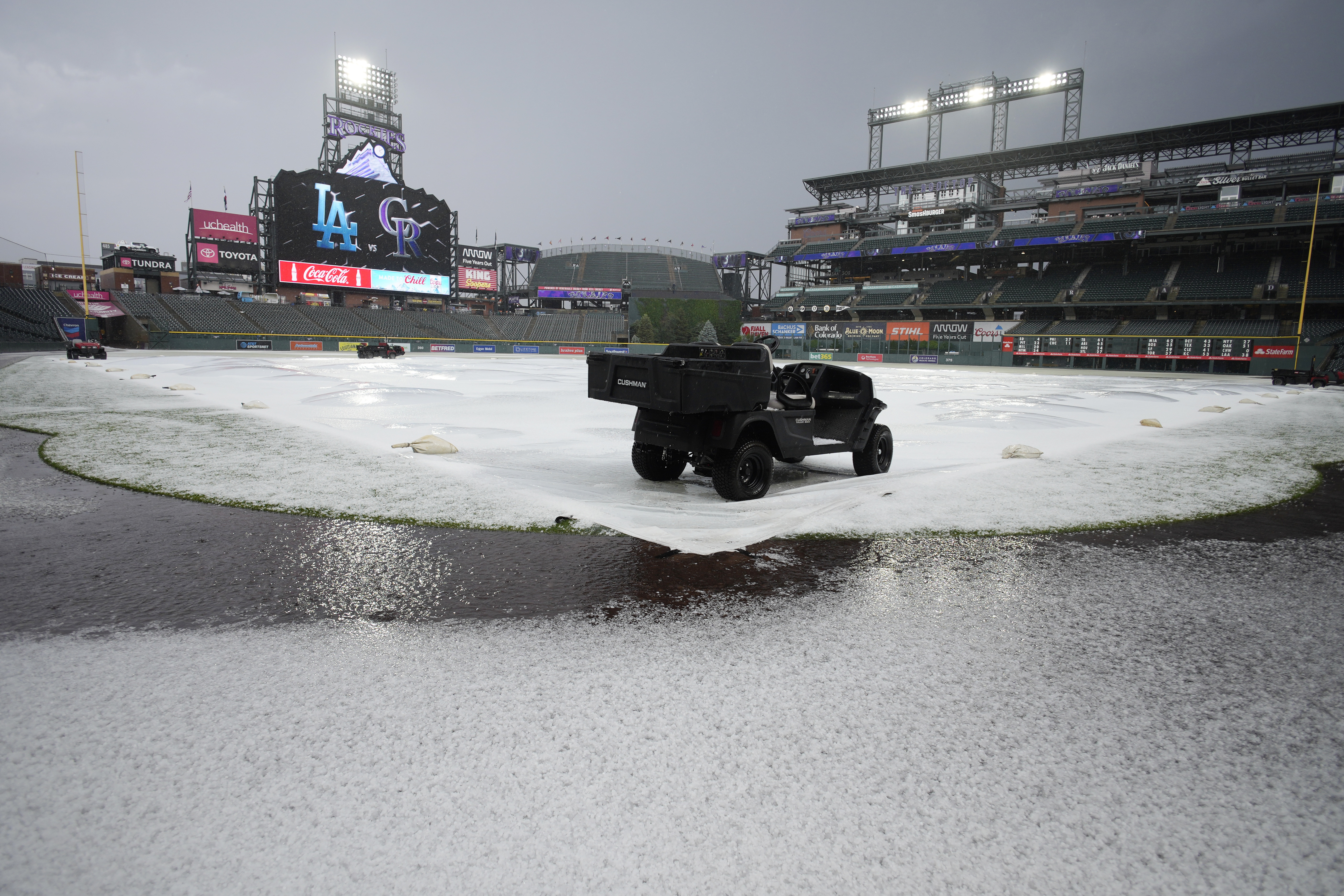 Blanket of hail, flash flooding create wild scene at Coors Field