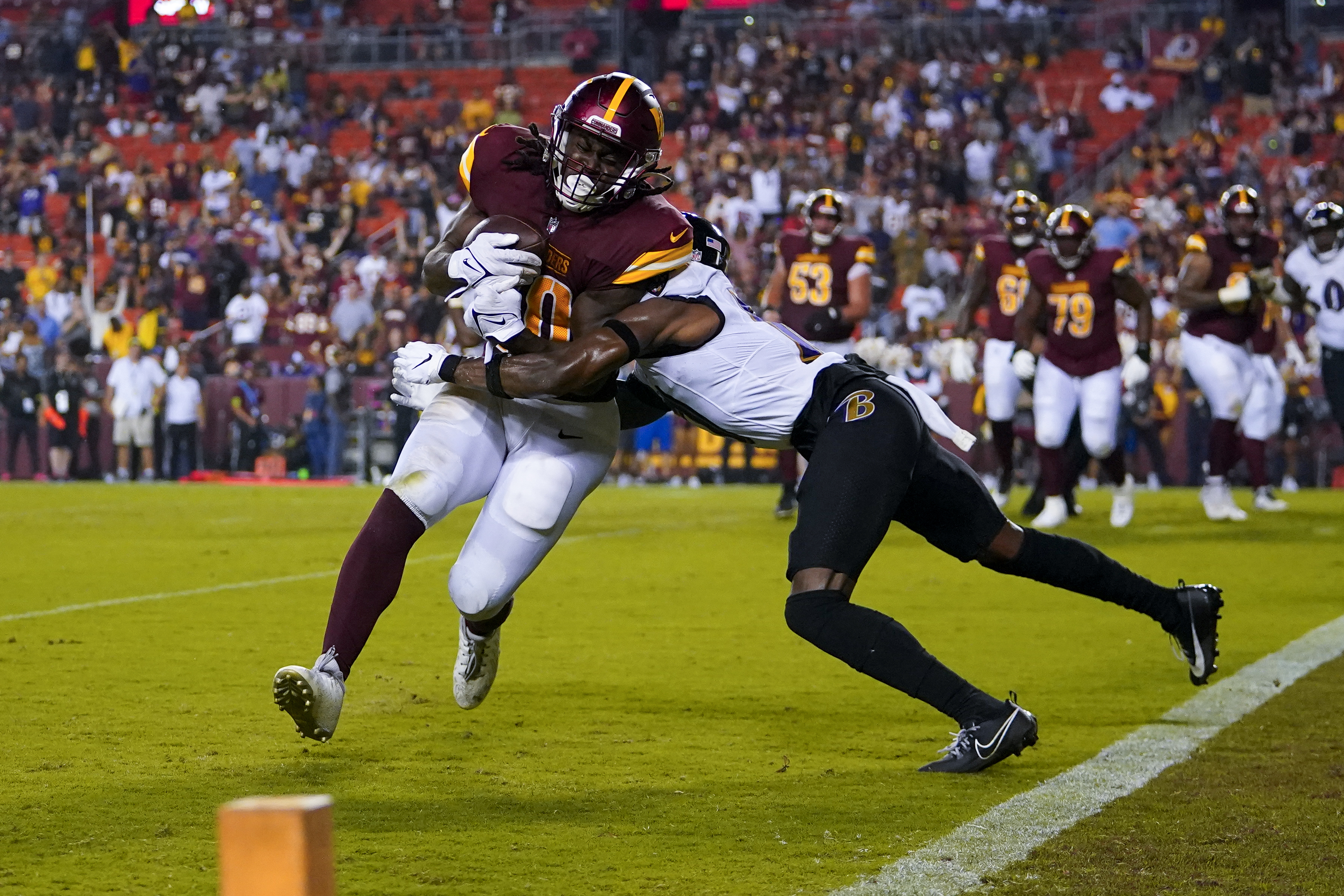 Washington Commanders defensive end Andre Jones Jr. (48) runs during an NFL  preseason football game against the Baltimore Ravens, Monday, August 21,  2023 in Landover. (AP Photo/Daniel Kucin Jr Stock Photo - Alamy