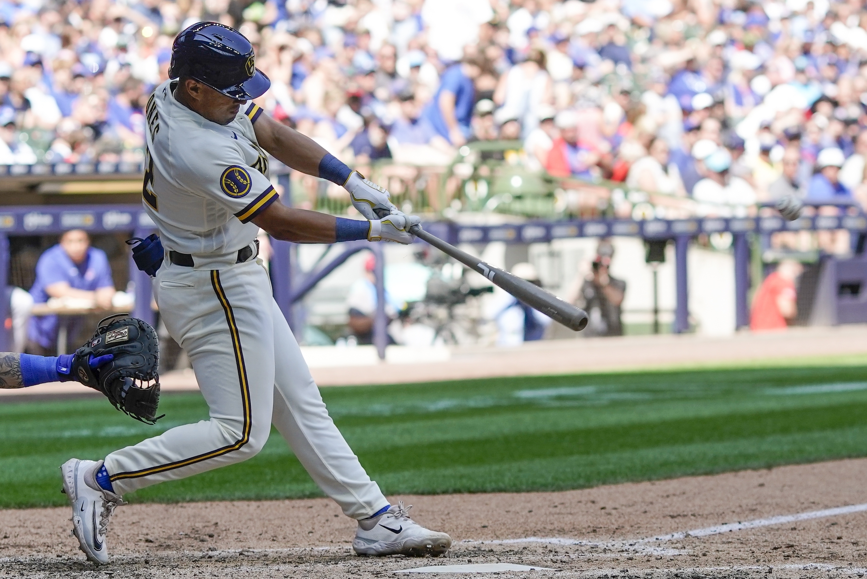 Milwaukee Brewers' Raimel Tapia reacts after hitting a home run