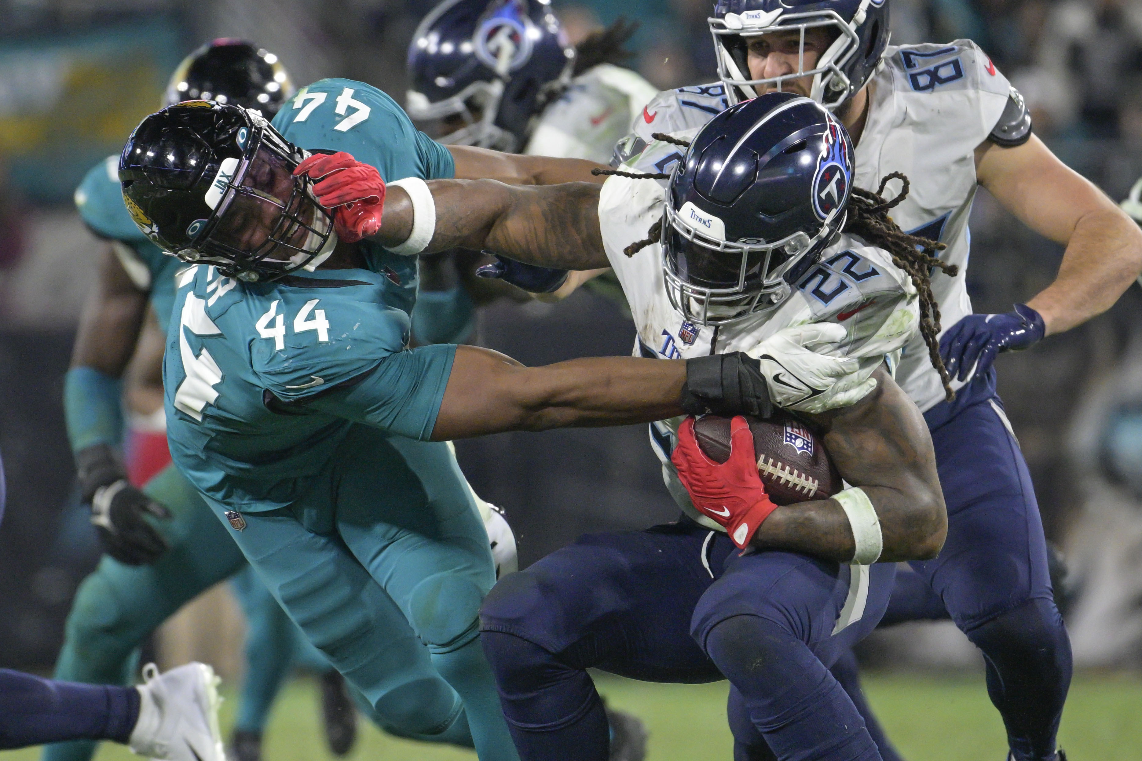 Josh Allen with a Derrick Henry stiff arm 