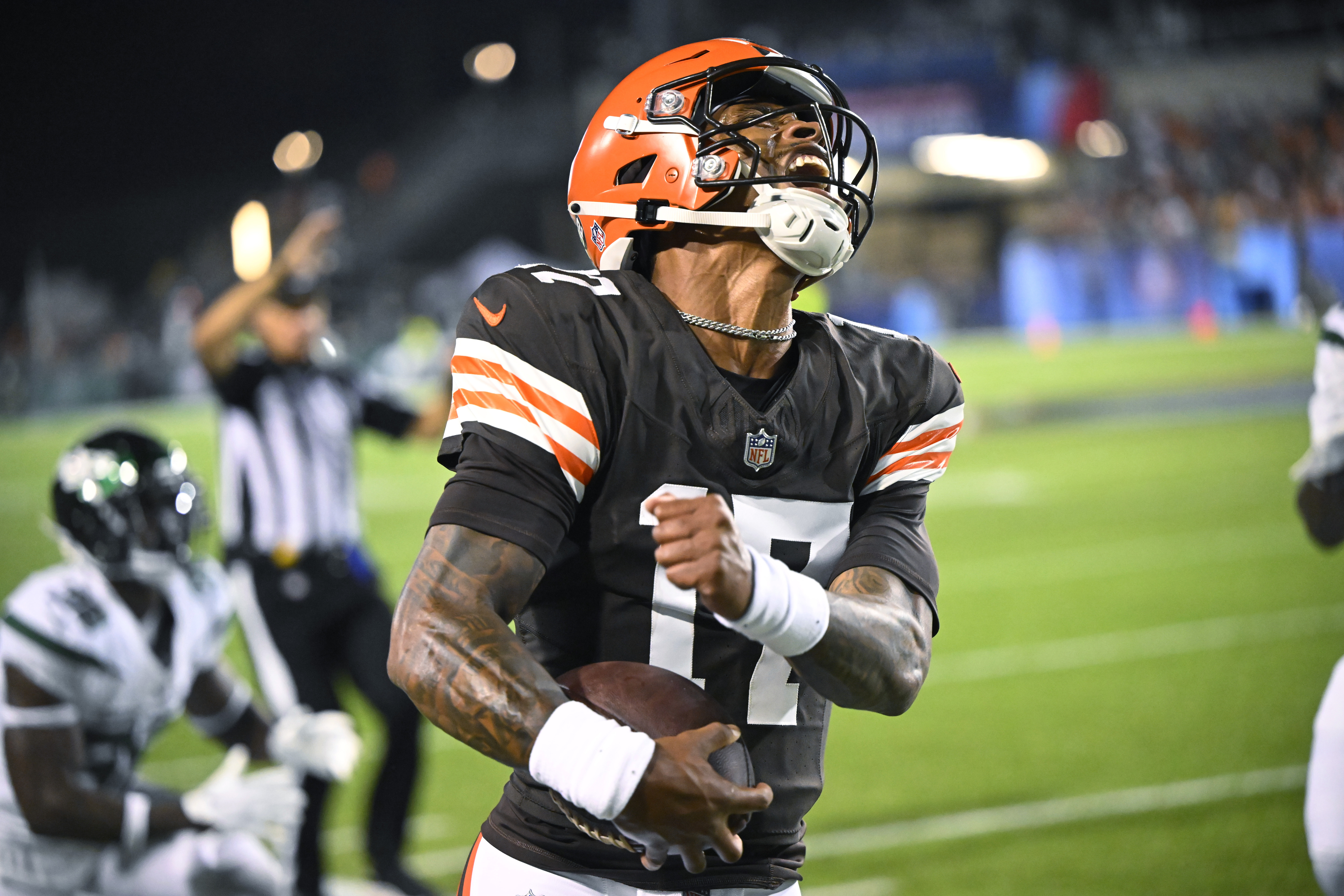 Cleveland Browns running back Hassan Hall (30) carries the ball against the  New York Jets during the first half of the Hall of Fame NFL football  preseason game Thursday, Aug. 3, 2023