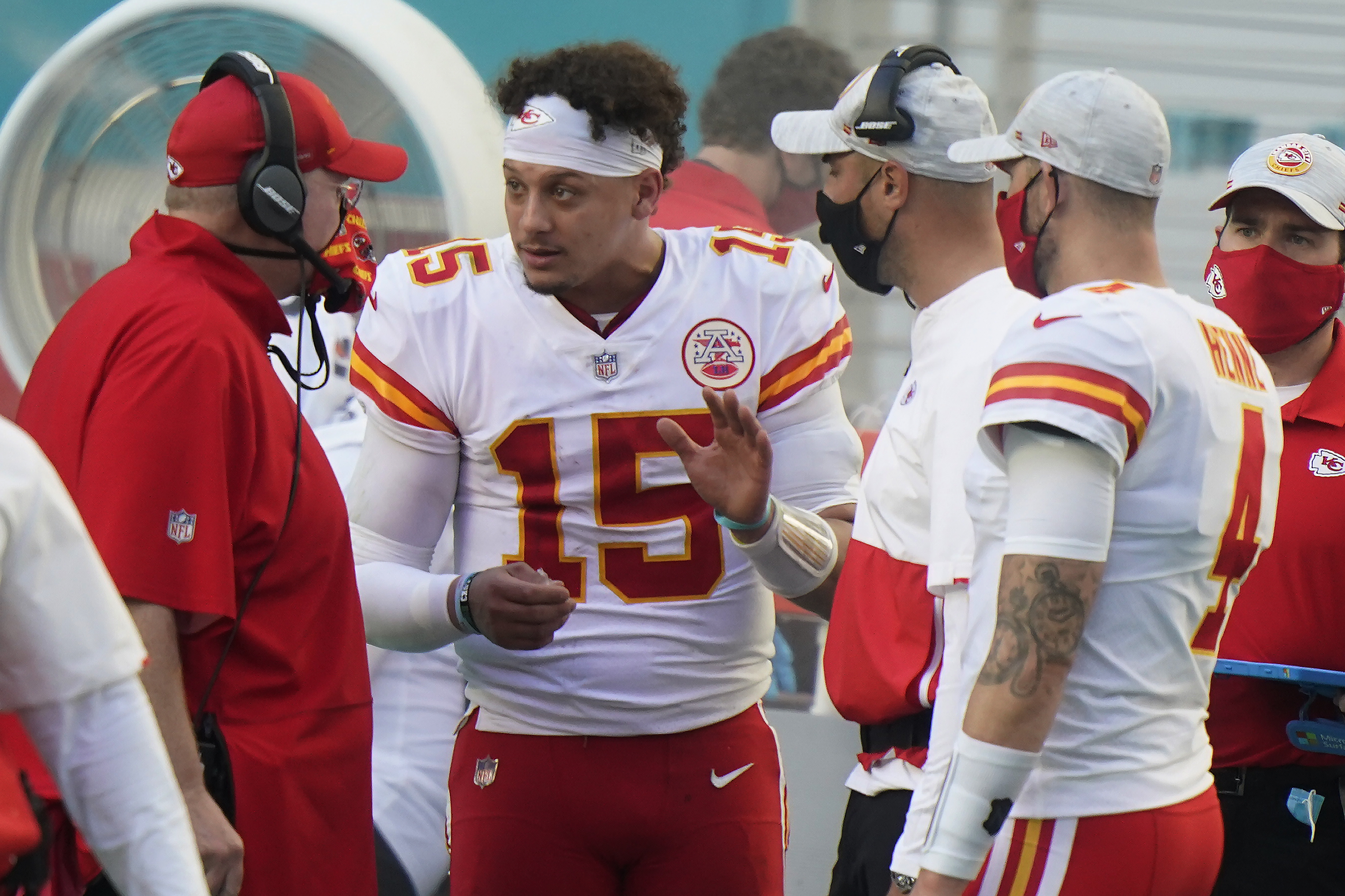 Kansas City Chiefs quarterback Patrick Mahomes runs the ball during the  second half of an NFL football game against the Los Angeles Chargers  Sunday, Sept. 26, 2021, in Kansas City, Mo. (AP