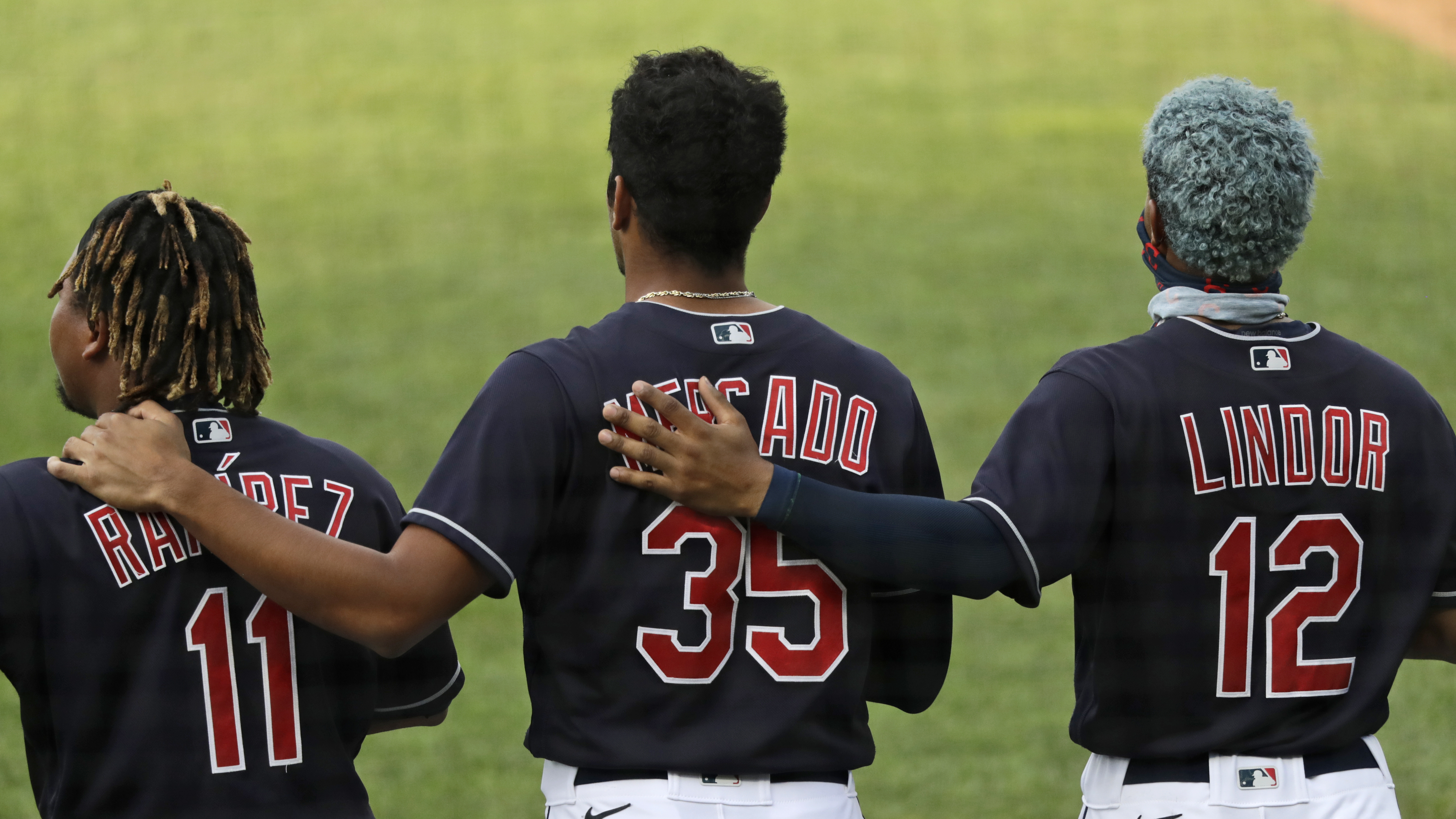 Cleveland Indians 'Mr. Smile' Francisco Lindor, during the National Anthem,  before the game again…