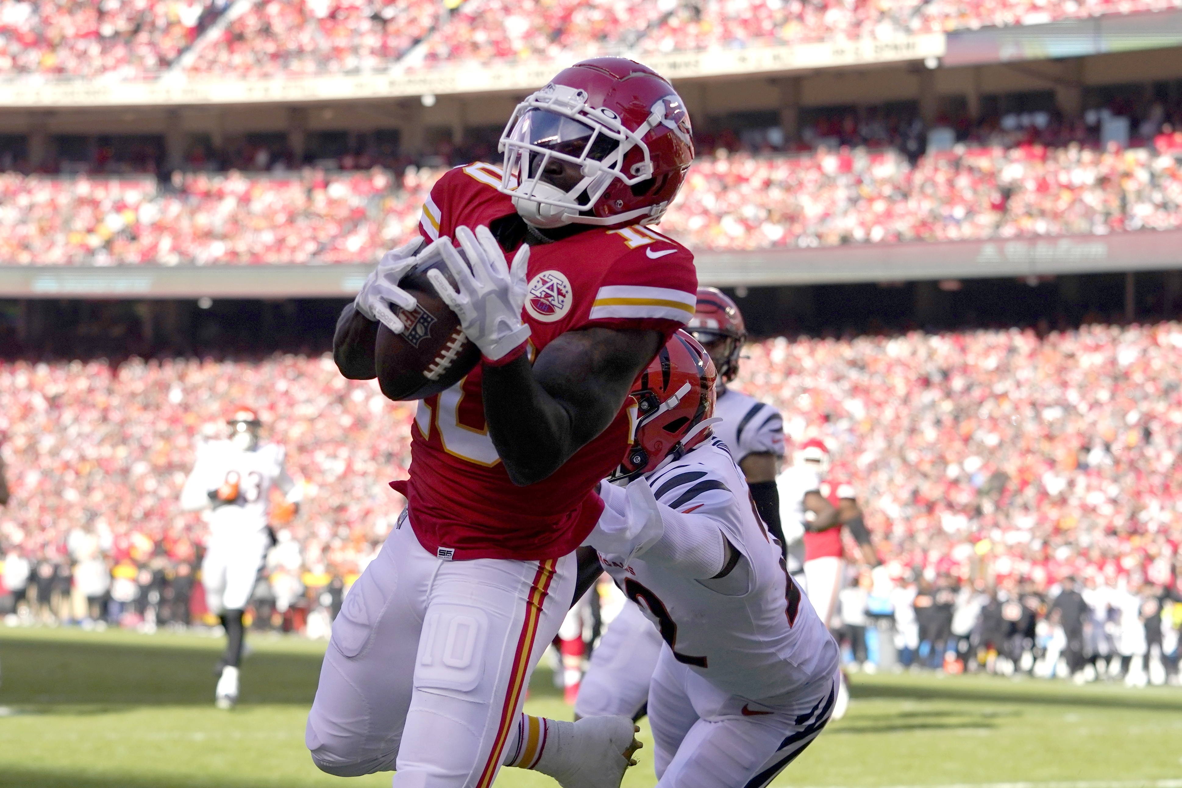 Miami Dolphins wide receiver Tyreek Hill (10) reacts as he is introduced  before the first half of an NFL football game against the New York Jets,  Sunday, Jan. 8, 2023, in Miami