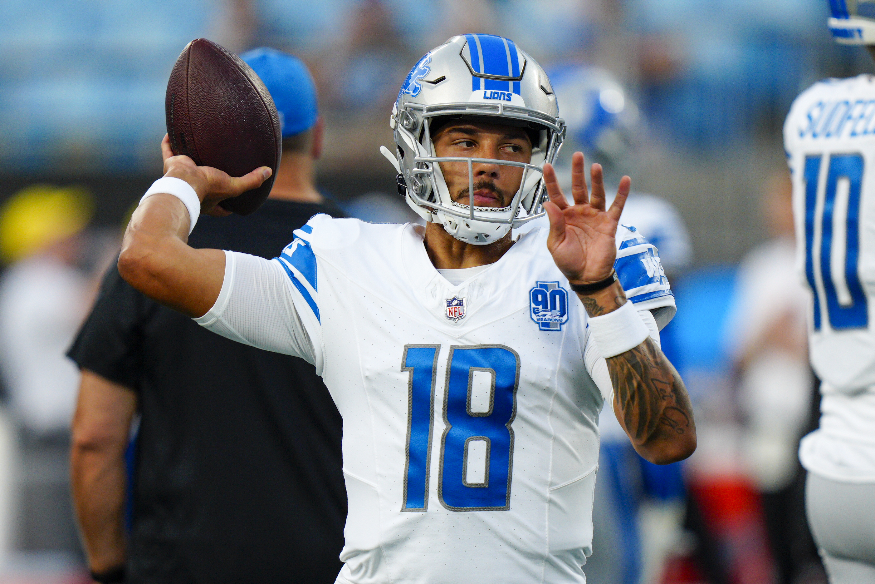 Detroit Lions quarterback Adrian Martinez (18) looks over the Carolina  Panthers defense during an NFL preseason football game, Friday, Aug. 25,  2023, in Charlotte, N.C. (AP Photo/Brian Westerholt Stock Photo - Alamy